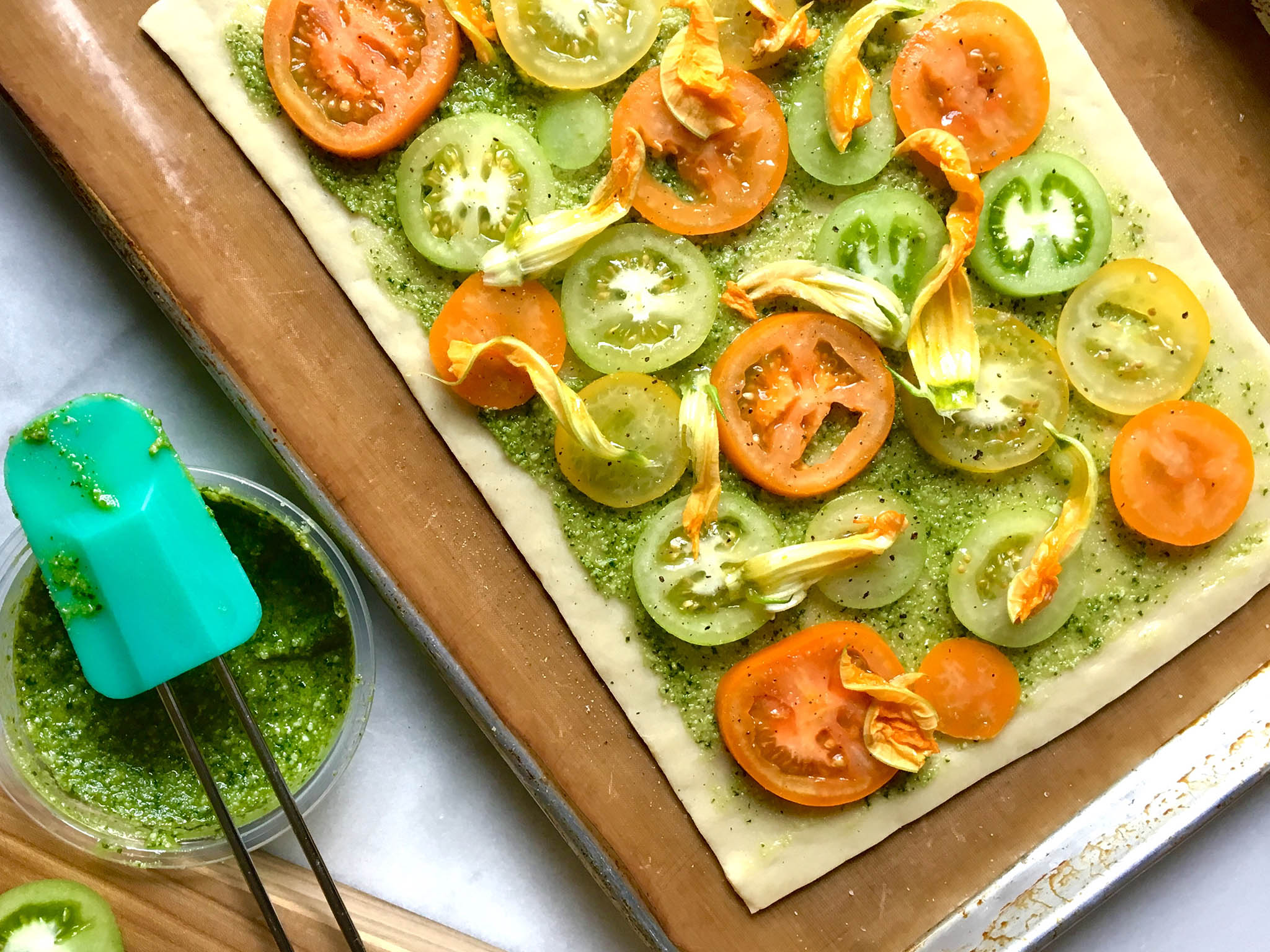 Hey pesto: cannot go wrong with ‘zucchini flowers’, toms and and light pastry