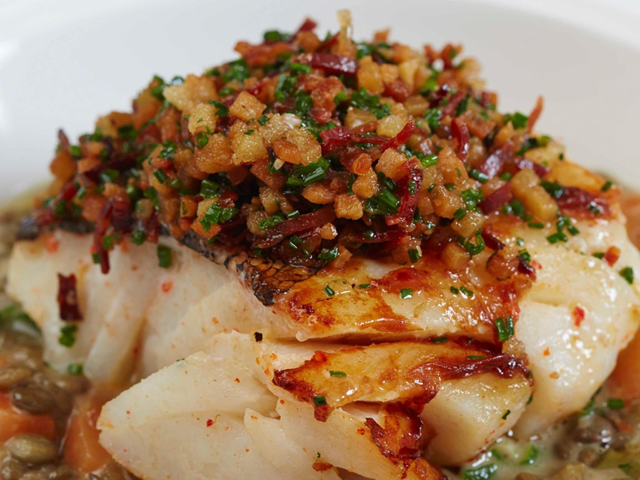 Pancetta adds a salty depth to puy lentils with cod