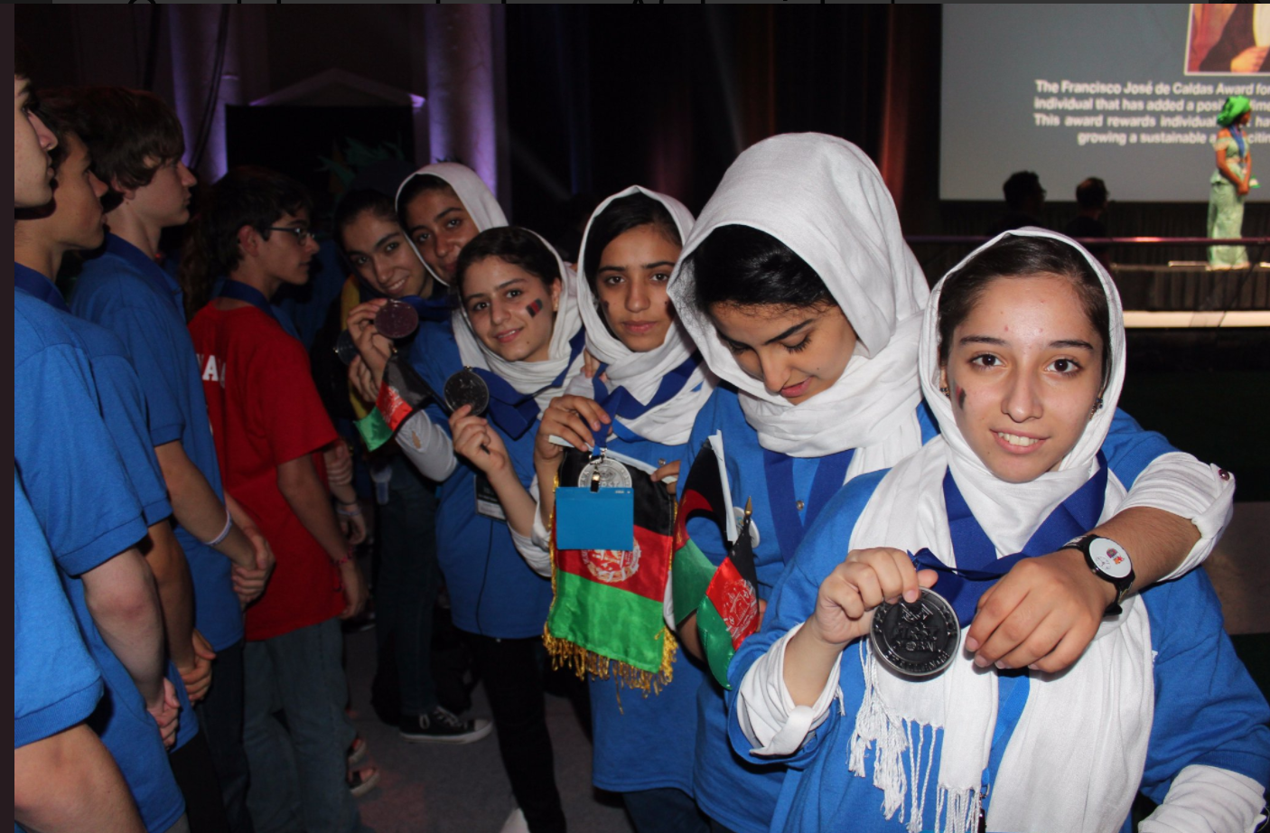 Fatemah Qaderyan (far right) led a team of her classmates to a second place finish in the First Global Challenge international robotics contest in Washington DC