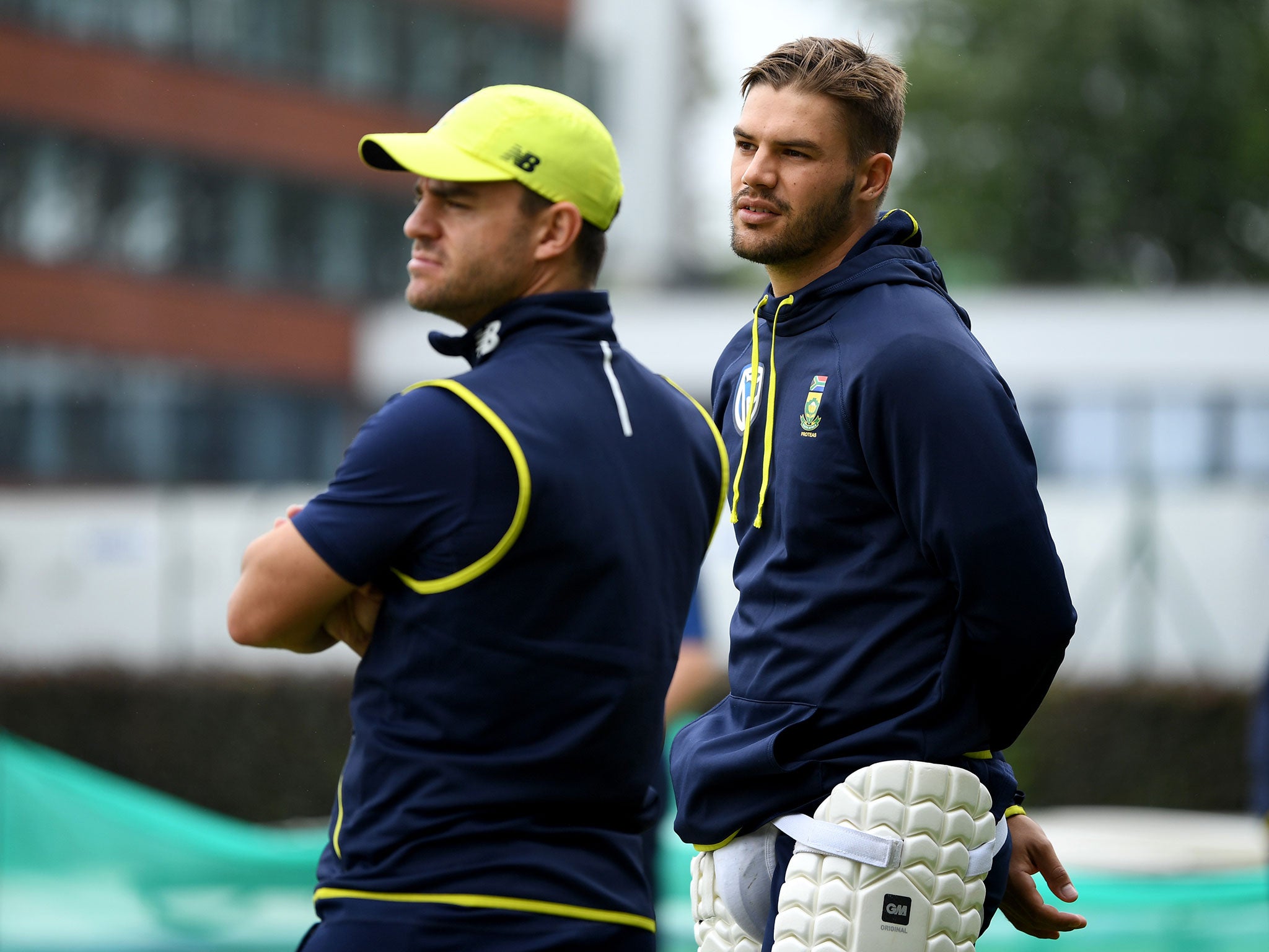 Heino Kuhn with Aiden Markram during a South Africa nets session