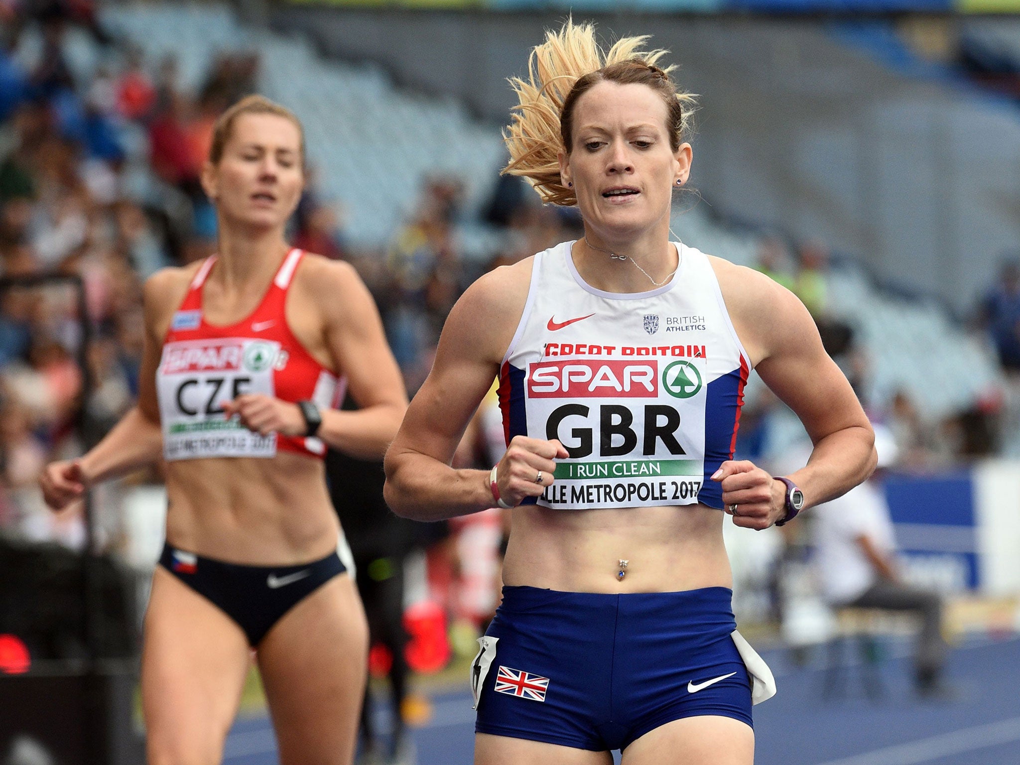 Eilidh Doyle in action during the women's team 400m hurdles race at the European Athletics Team Championships