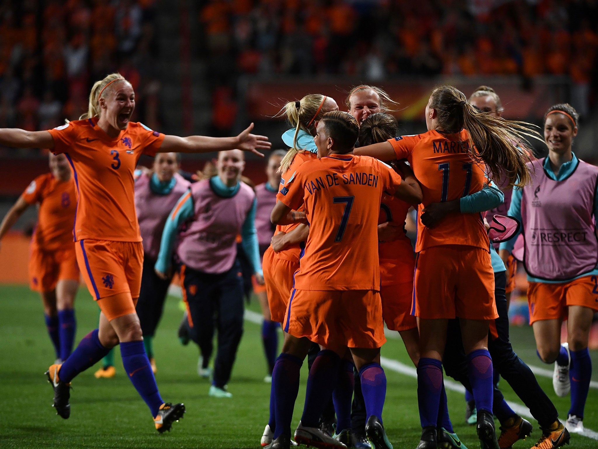 Netherlands' players celebrate after scoring their second goal