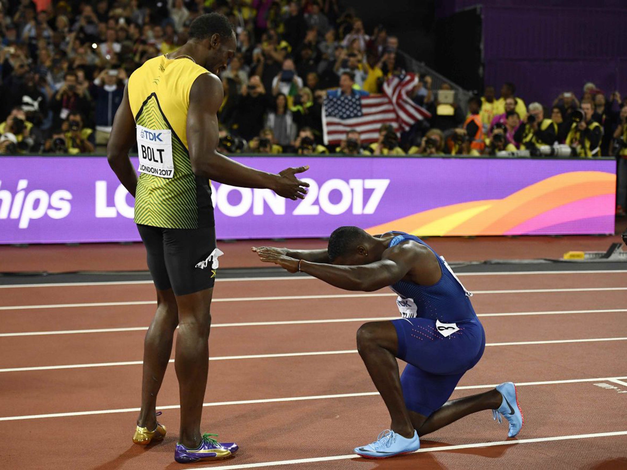 Gatlin shows his affection to Bolt at the end of Saturday's race