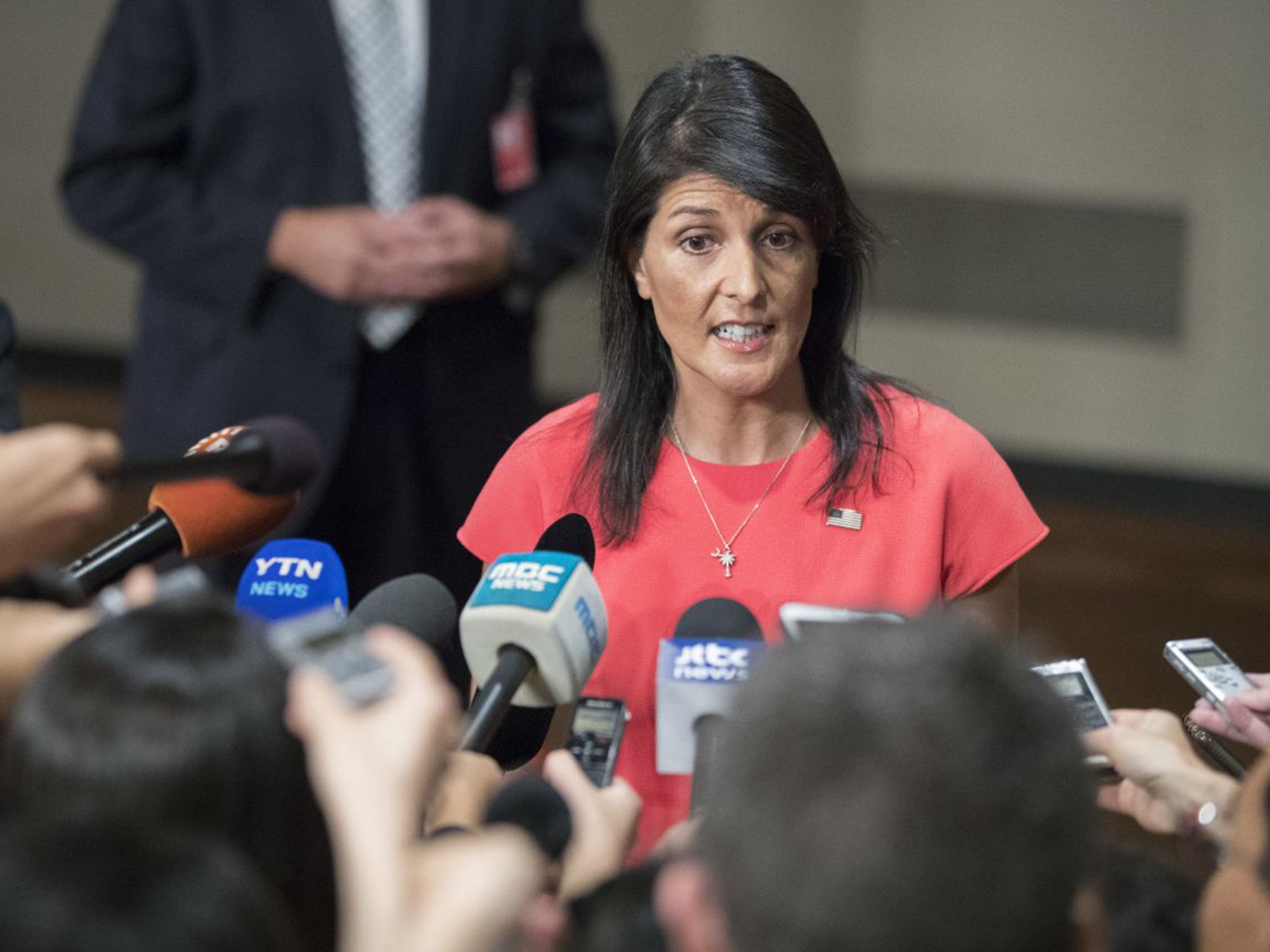 File: Then-American Ambassador to the UN Nikki Haley speaking to reporters at the UN’s headquarters