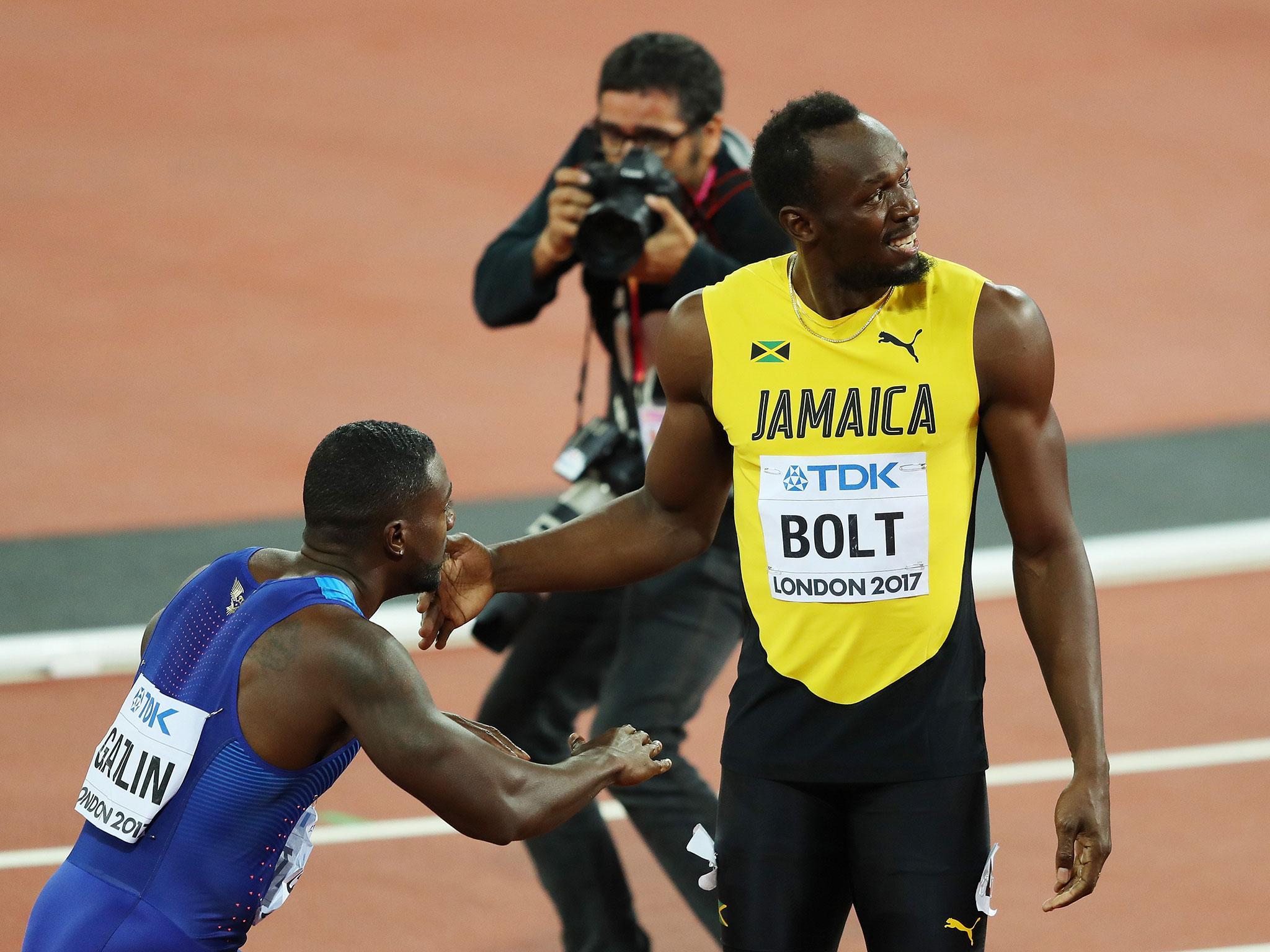 Justin Gatlin and Usain Bolt after their 100m final in London