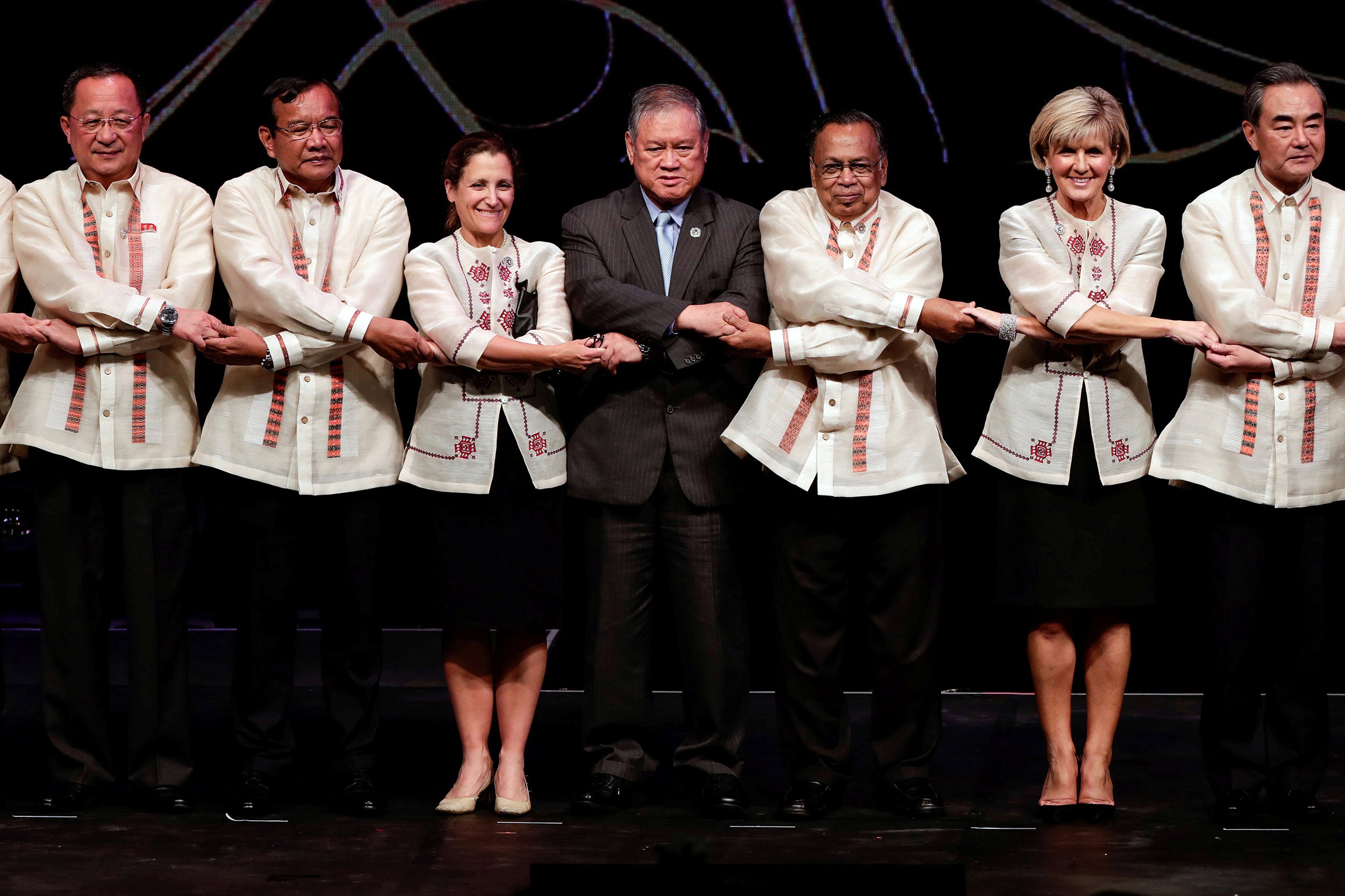 North Korea’s foreign minister Ri Yong Ho (left) and counterparts from Cambodia, Canada and other powers at a meeting in the Philippines on Sunday