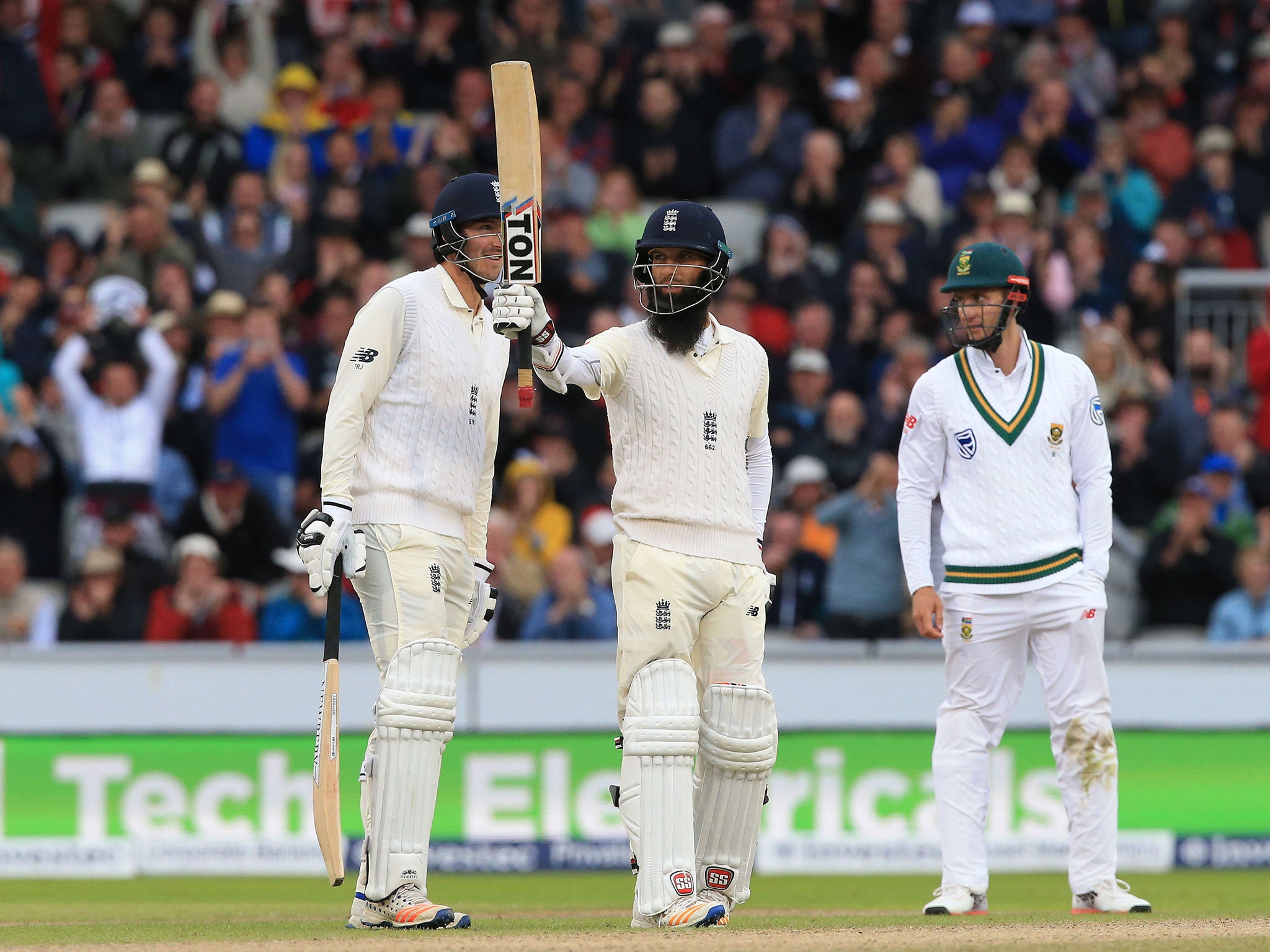 Moeen Ali celebrates his half century for England on the third day of the fourth Test