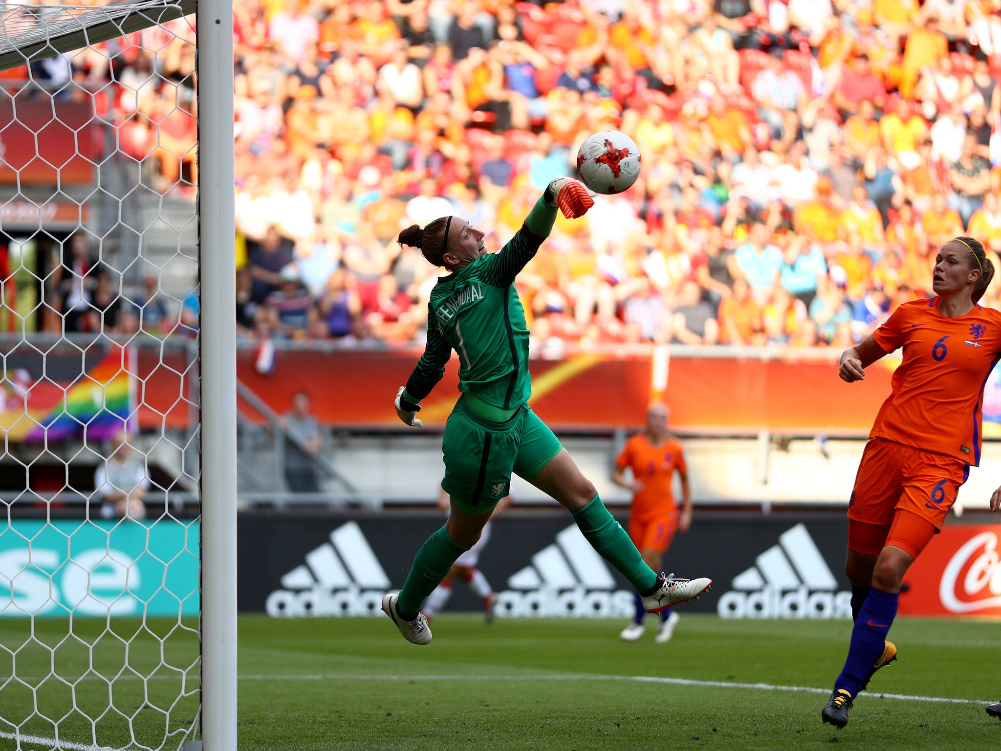 Sari van Veenendaal makes a save for the Netherlands