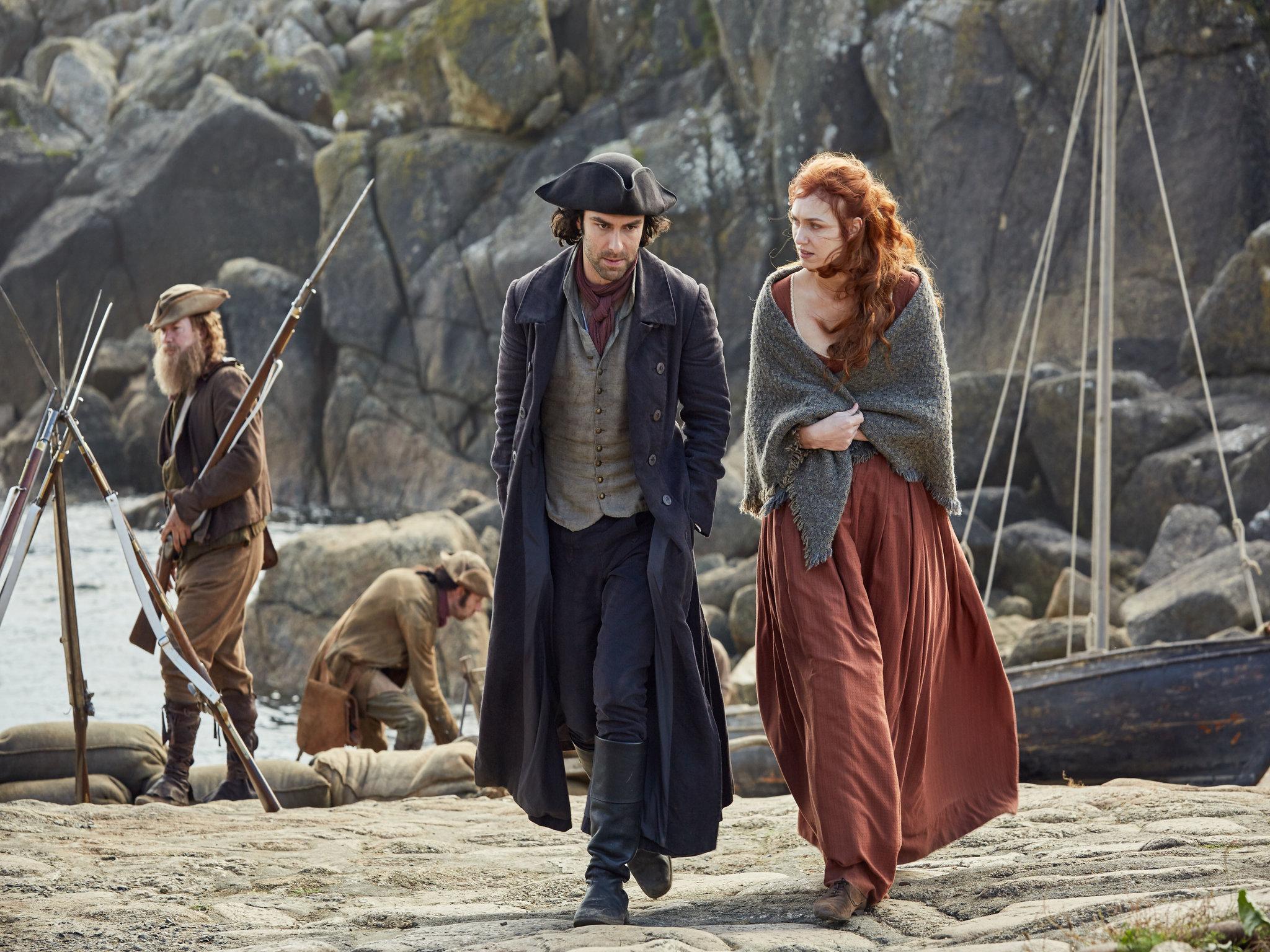 Aidan Turner as Ross Poldark and Eleanor Tomlinson as Demelza