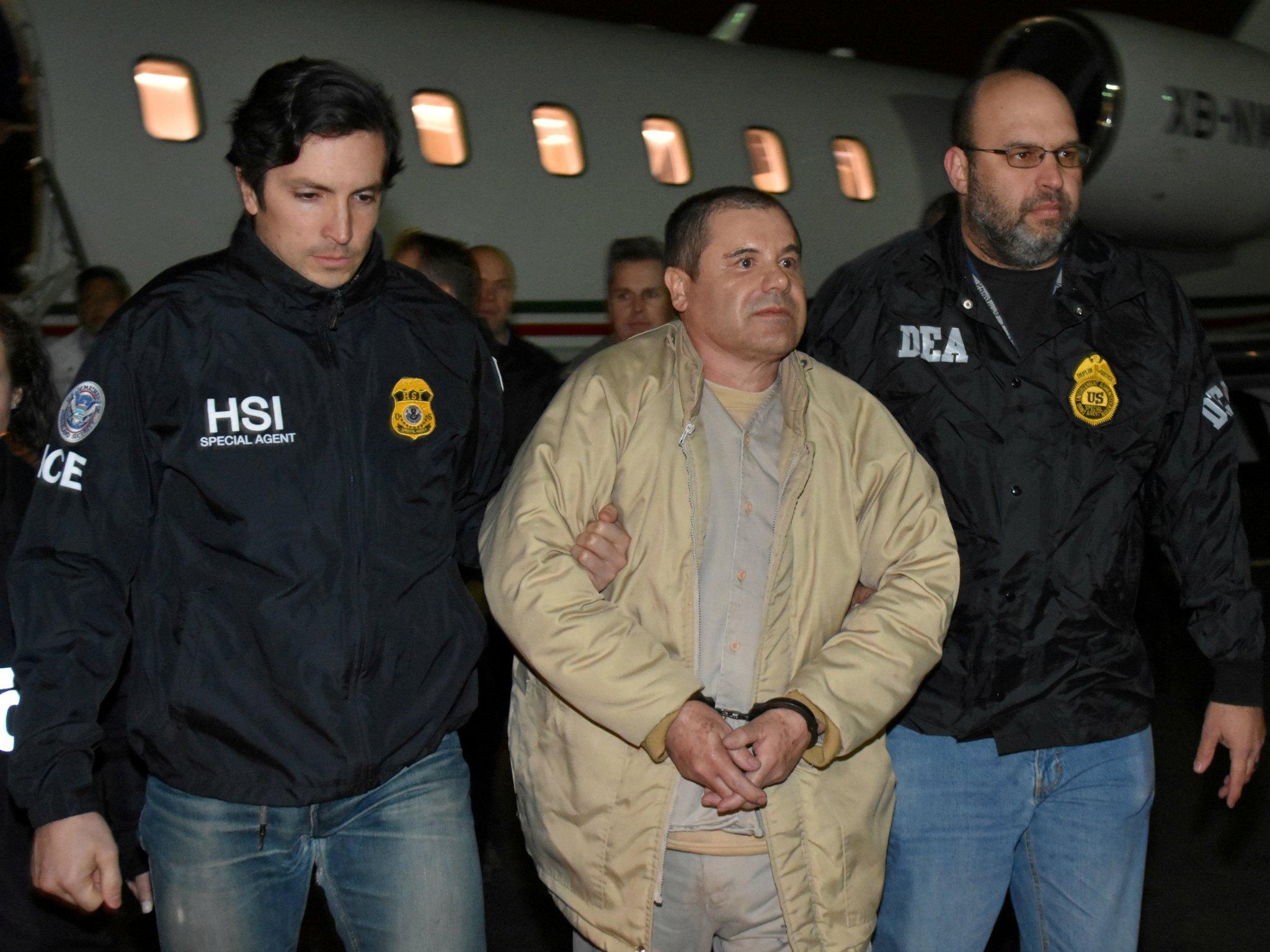 Drug lord Joaquin "El Chapo" Guzman arrives at Long Island MacArthur airport in New York, U.S., January 19, 2017. The son of one of his top lieutenants has been indicted on drug charges.