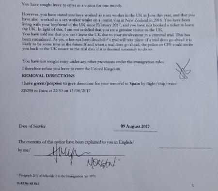 The letter received by the Brazilian woman from the Home Office, before the removal notice was later postponed
