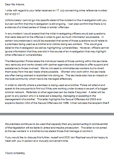 A response from Enfield Police to the English Collective of Prostitutes' complaint