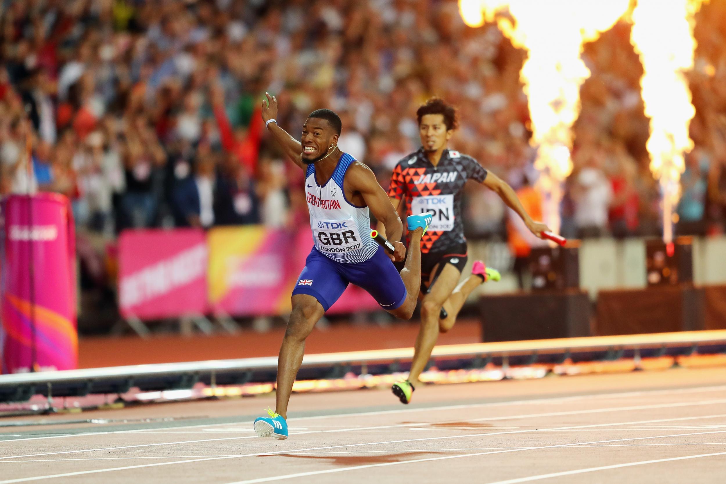 Nethaneel Mitchell-Blake crosses the line to clinch gold for GB