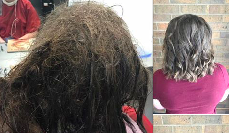 Ms Olsson and her colleague Mariah Wenger, who are both beauty therapy students, refused to cut off her waist-length hair