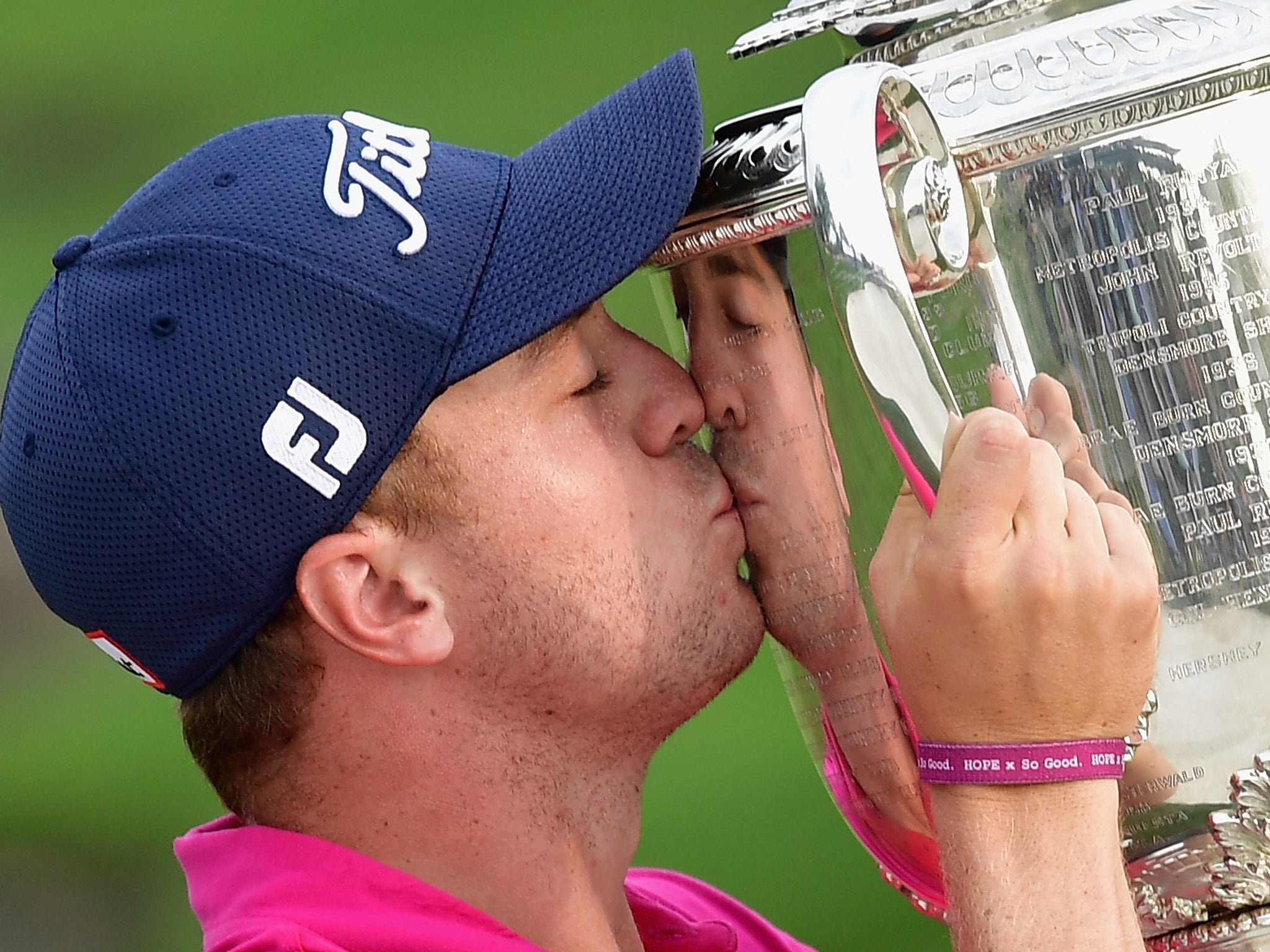 Justin Thomas celebrates winning the US PGA Championship at Quail Hollow