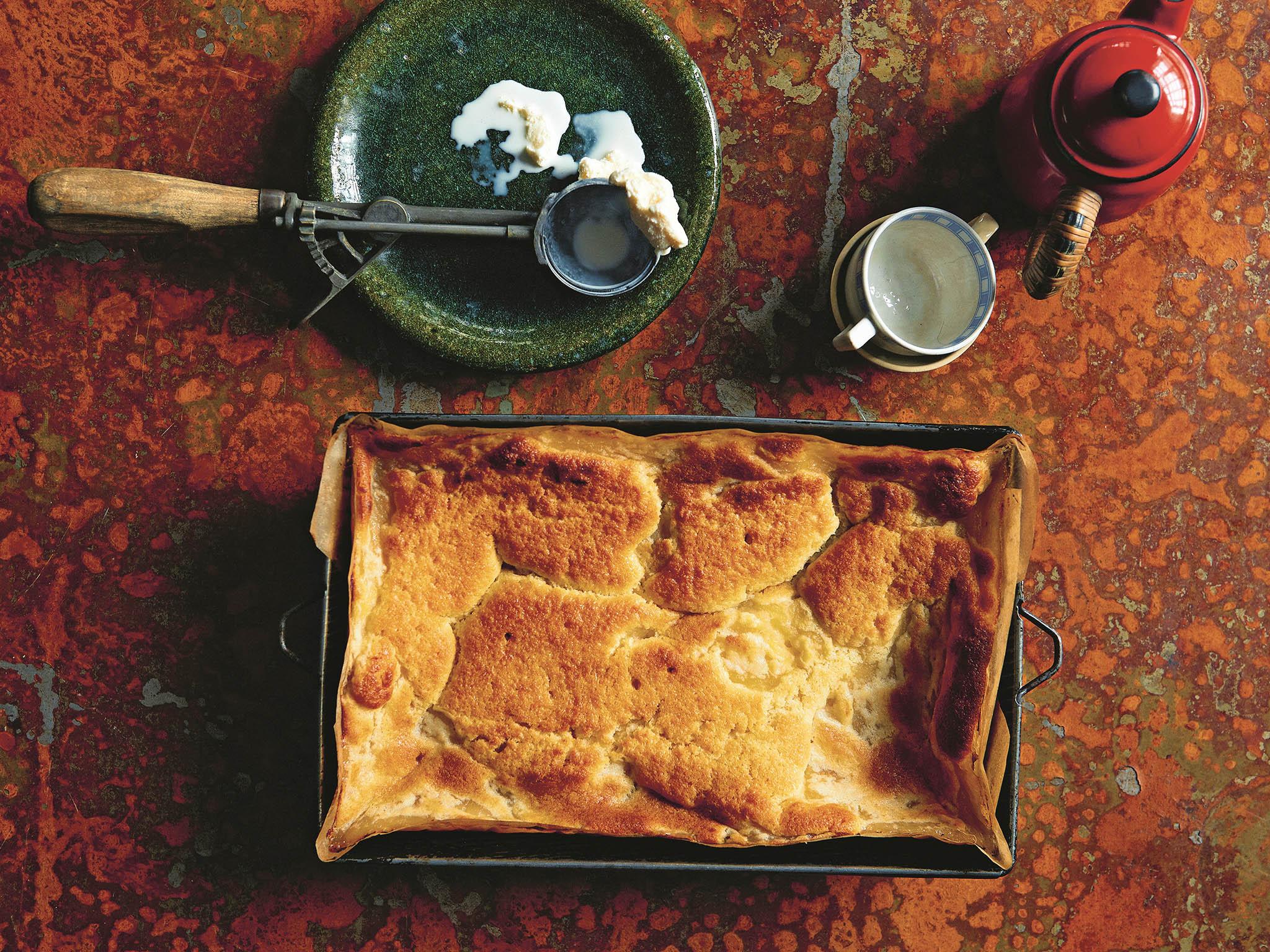 What’s all the Caucasus about? Cake with cooled apple puree over batter, of course