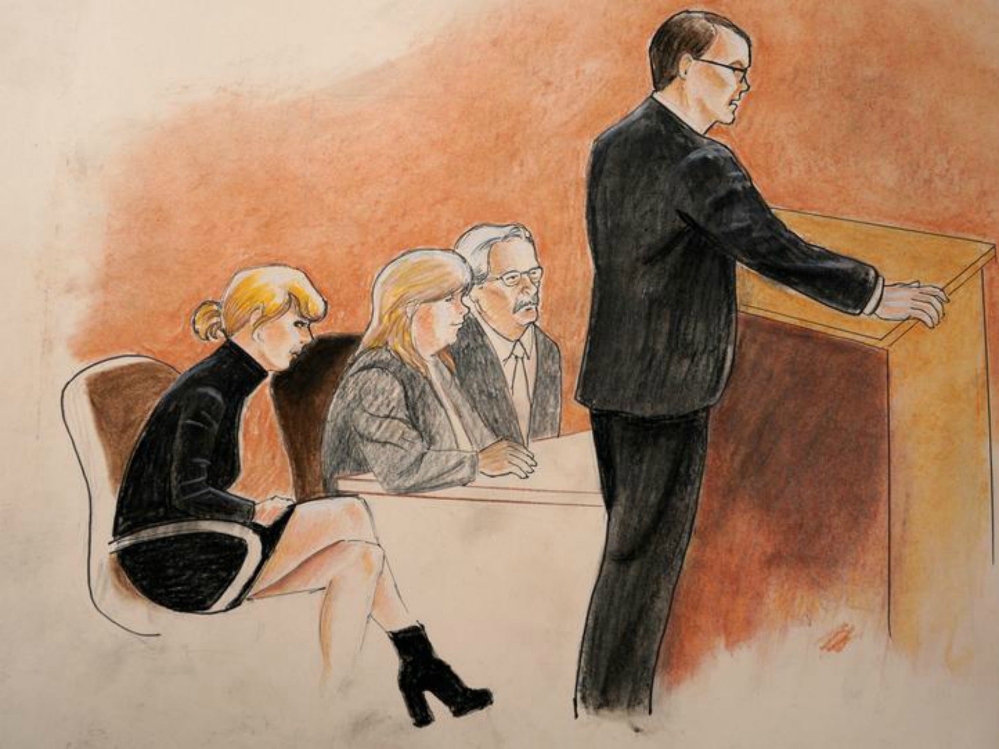 Taylor Swift, mother Andrea and attorney Jesse Schaudies are pictured in this courtroom sketch from Ms Swift's groping trial on August 14, 2017