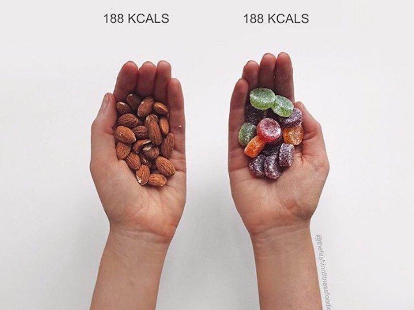 A handful of almonds have the same number of calories as a packet of Fruit Pastels candy.