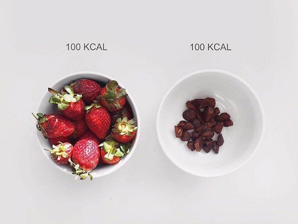 You can eat a much larger portion of regular strawberries compared to dried strawberries for the same number of calories.@thefffeed / Instagram