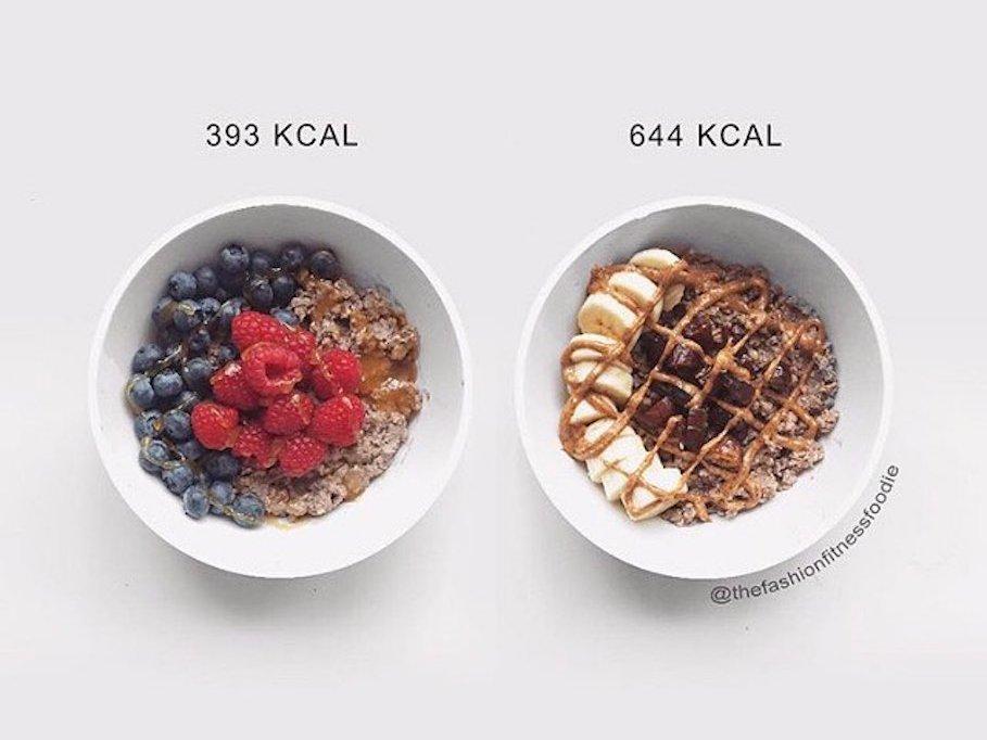 The bowl on the left is topped with blueberries, raspberries, and Manuka honey, whereas the bowl on the right has a banana, dates, and almond butter.