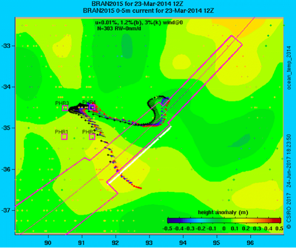 Narrowing down: the white line in the centre of the map shows possible locations for the crash site of MH370, just outside the search area marked by the magenta line