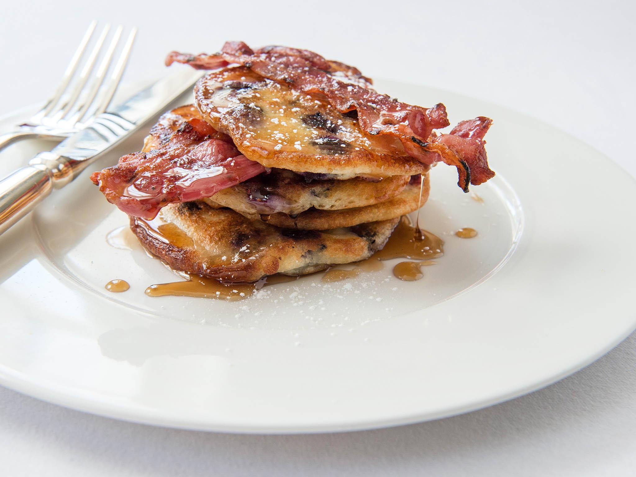 Stack ‘em up: add crispy bacon to the buttermilk blueberry pancakes