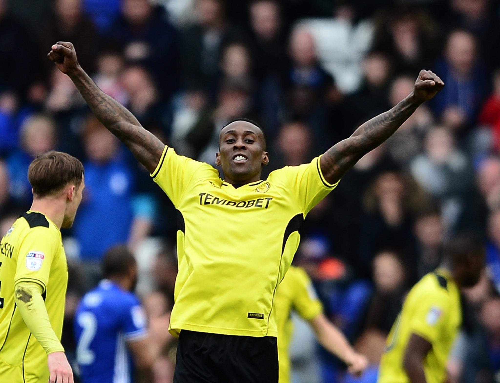 Lloyd Dyer celebrates after scoring for Burton Albion