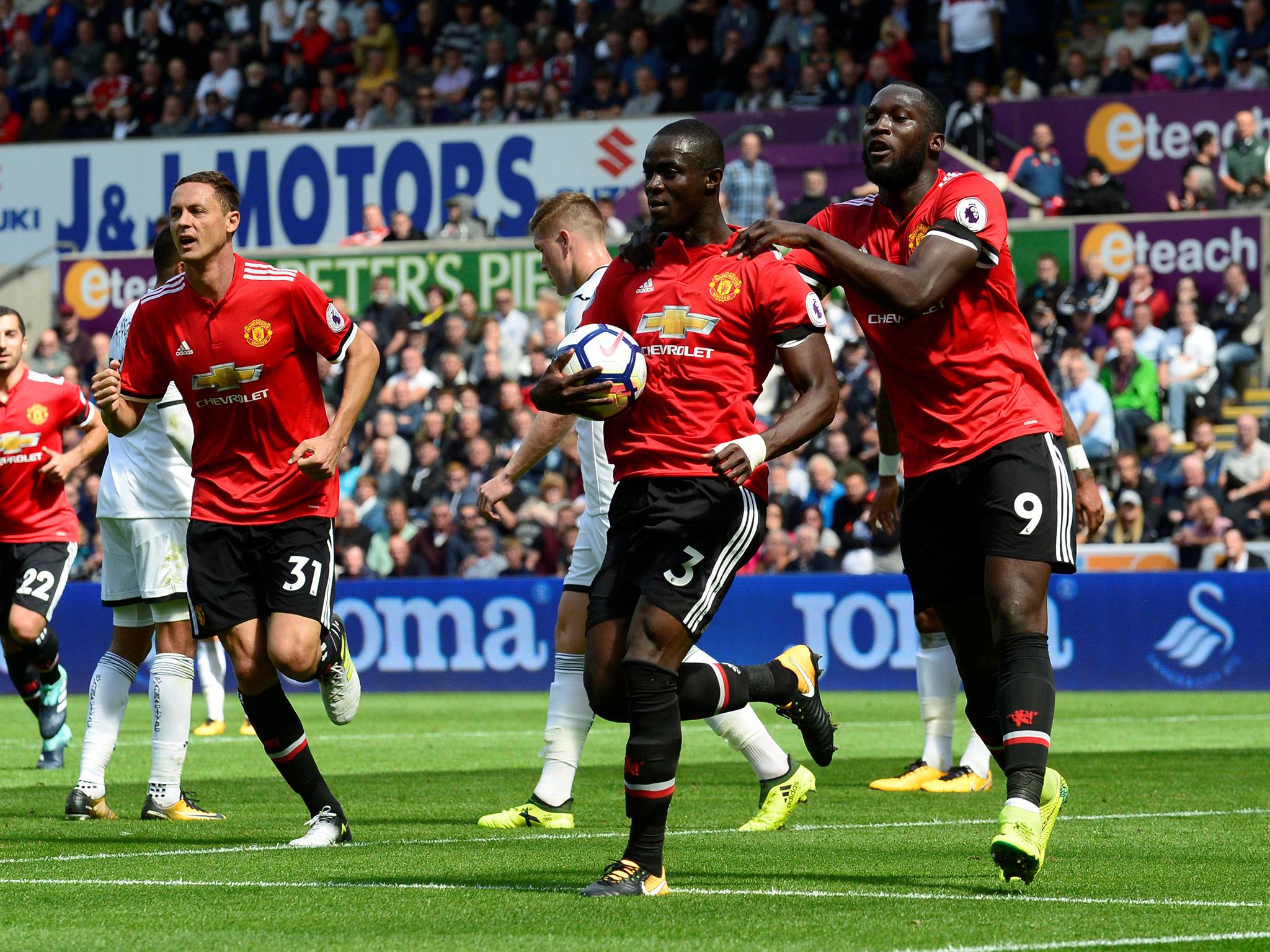 Eric Bailly celebrates after putting Manchester United ahead of Swansea