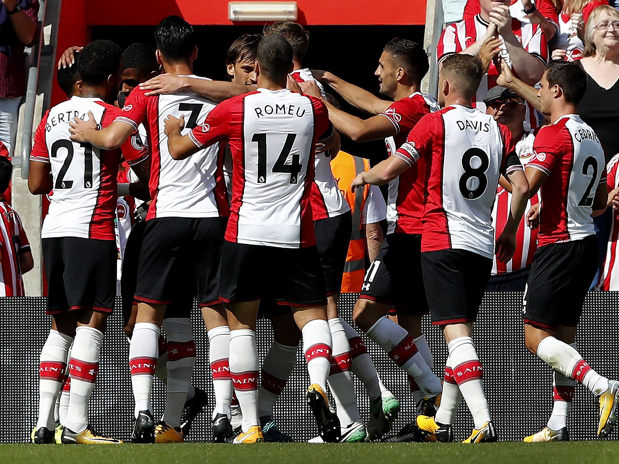 Southampton celebrate after Manolo Gabbiadini opens the scoring