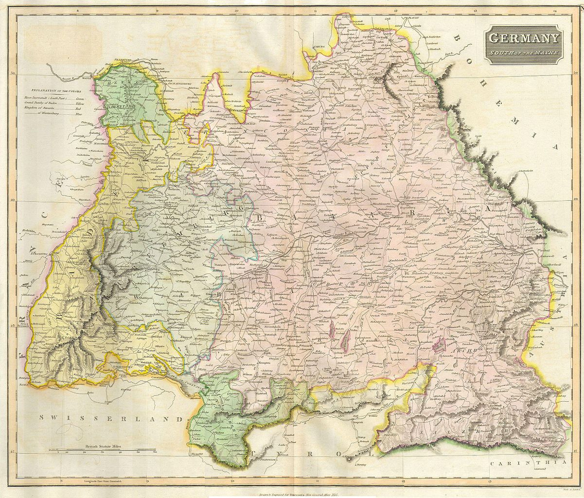 Thompson’s skills knew no bounds or boundaries – having gained distinction the US and London he ended up in Bavaria, shown in pink in this 1814 map