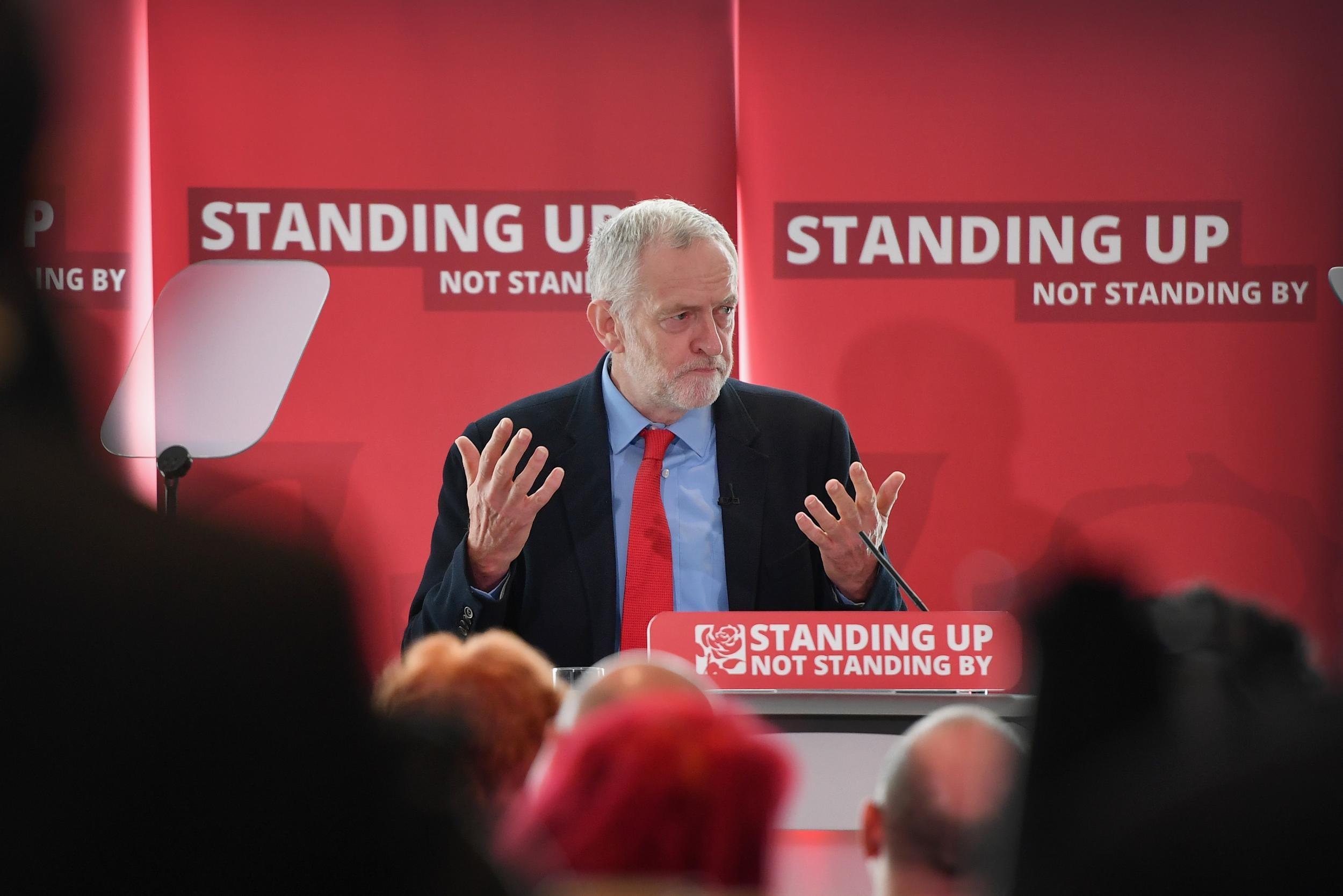 Shami Chakrabarti and Jeremy Corbyn at a press conference to announce the findings of the antisemitism inquiry in June 2016