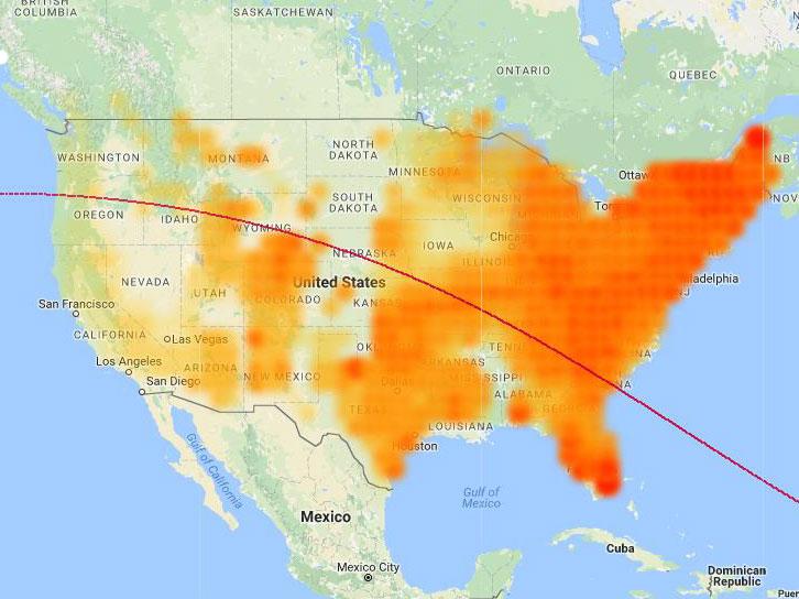 Solar panel energy generation in the US and the path of the eclipse of the sun