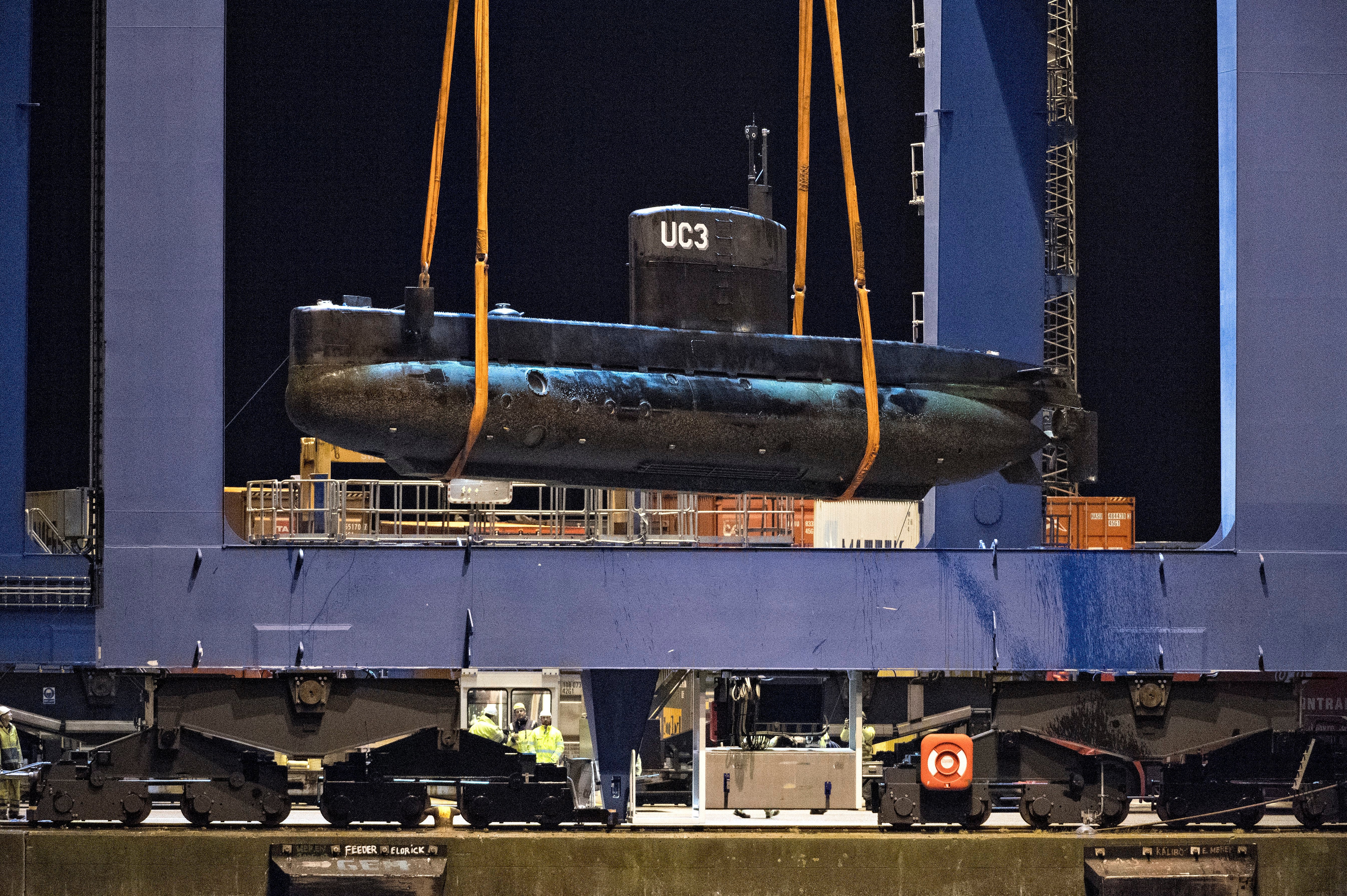 The UC3 Nautilus submarine is lifted from a salvage ship in Copenhagen’s harbour