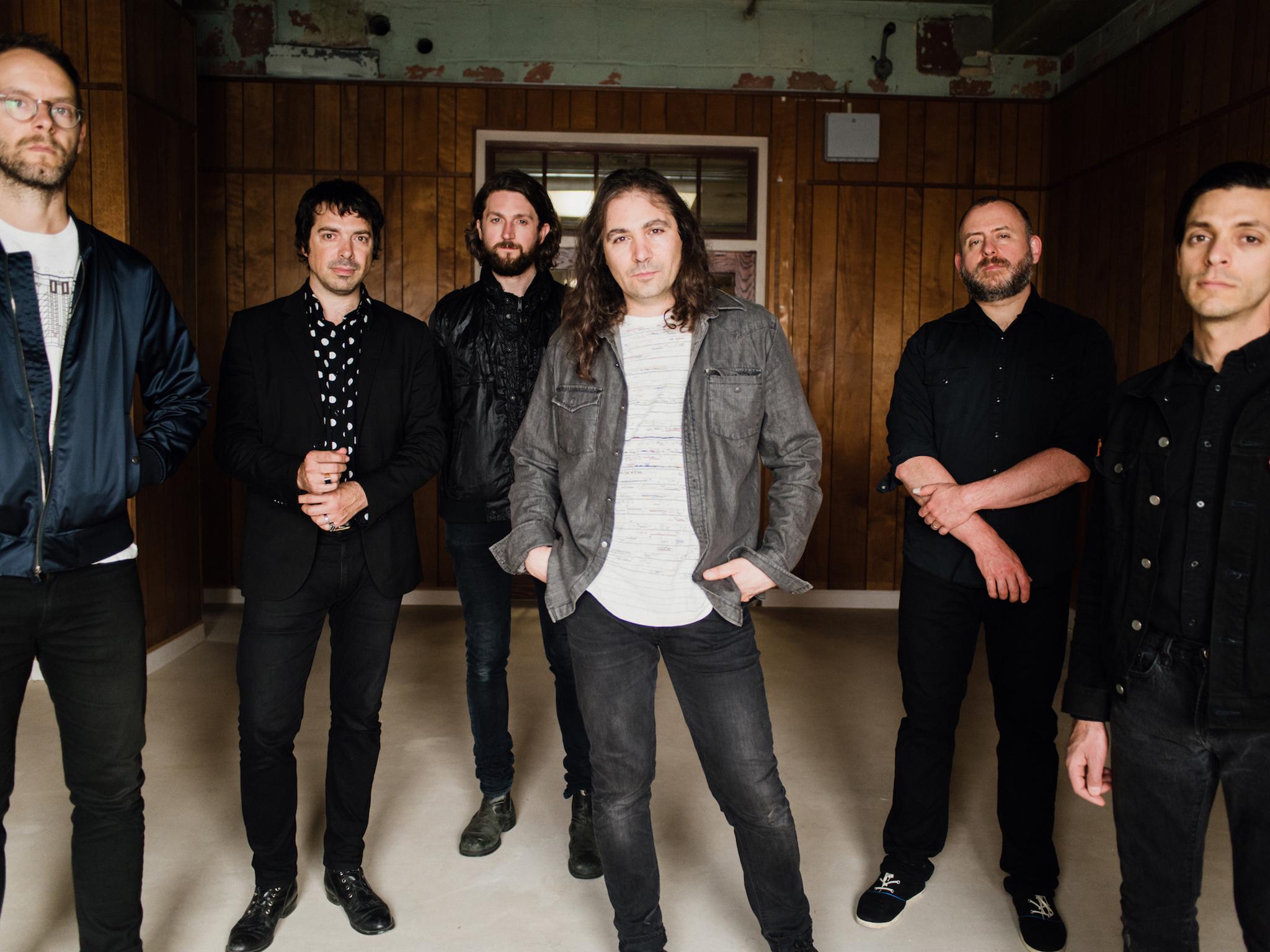 The War on Drugs, from left: Dave Hartley, Charlie Hall, Robbie Bennett, Granduciel, John Natchez and Anthony LaMarca