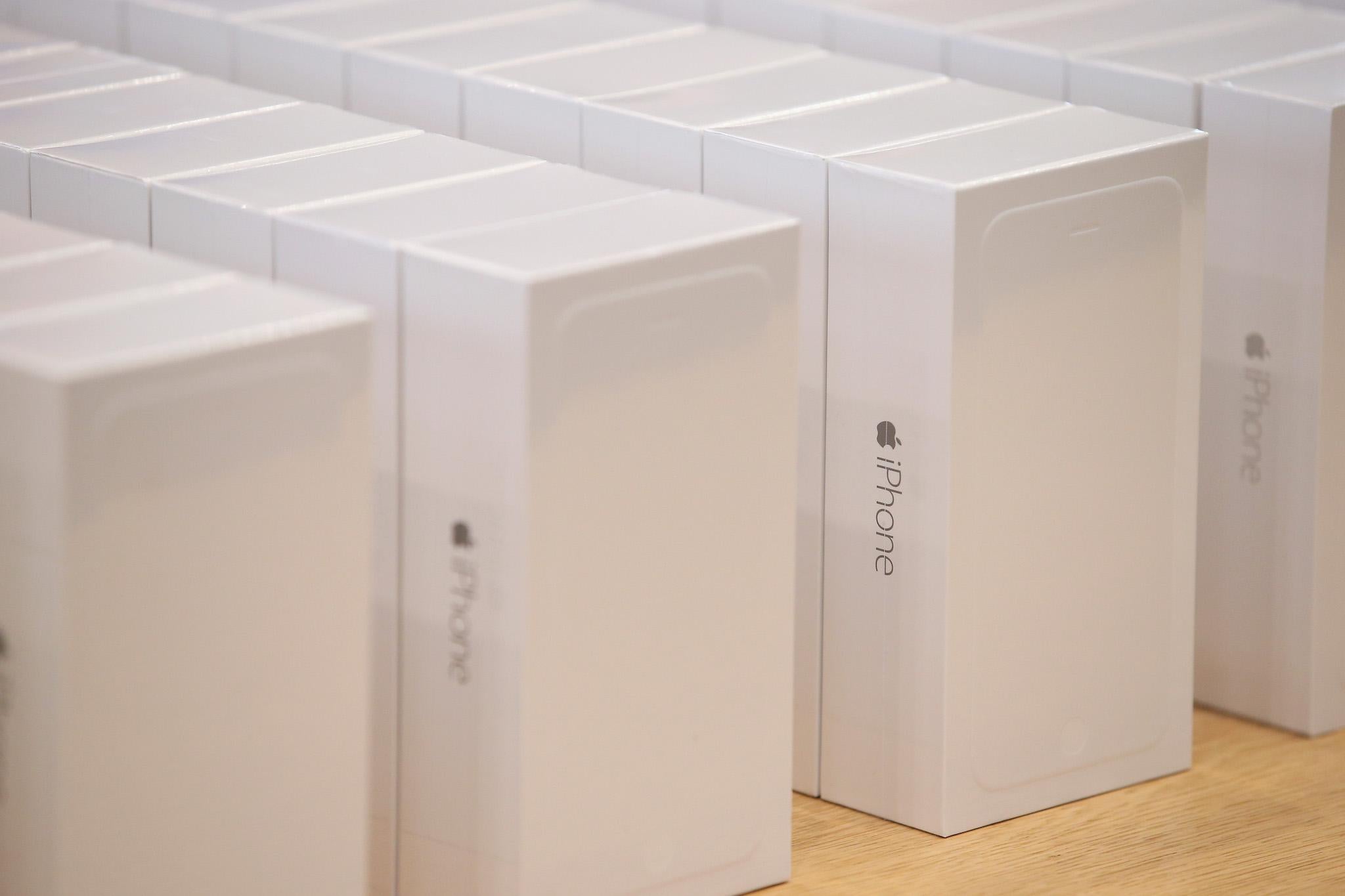 New Apple iPhone 6 phones await customers at the Apple Store on the first day of sales of the new phone in Germany on September 19, 2014 in Berlin, Germany