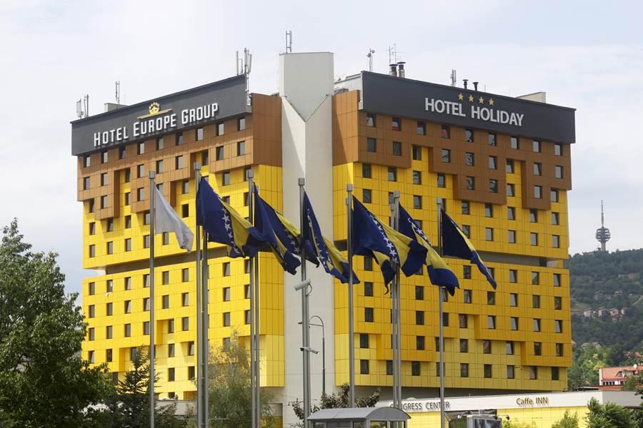 The former Holiday Inn overlooks the Bosnian parliament