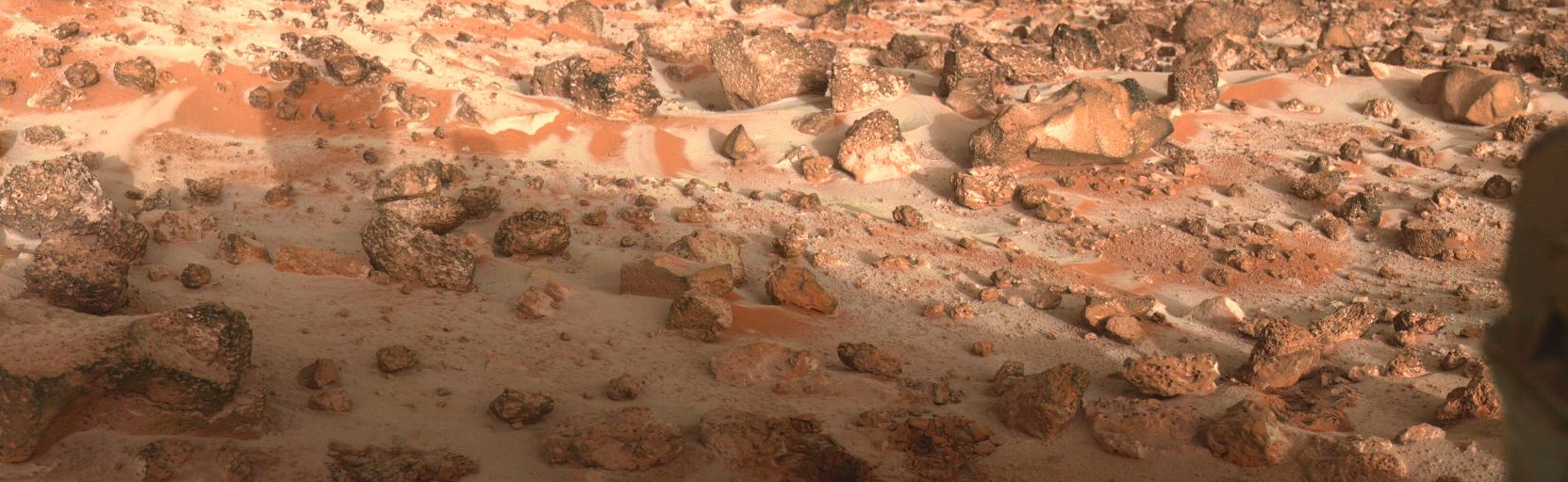 Frost or a light dusting of snow seen at the Viking 2 lander site, Utopia Planitia, Mars