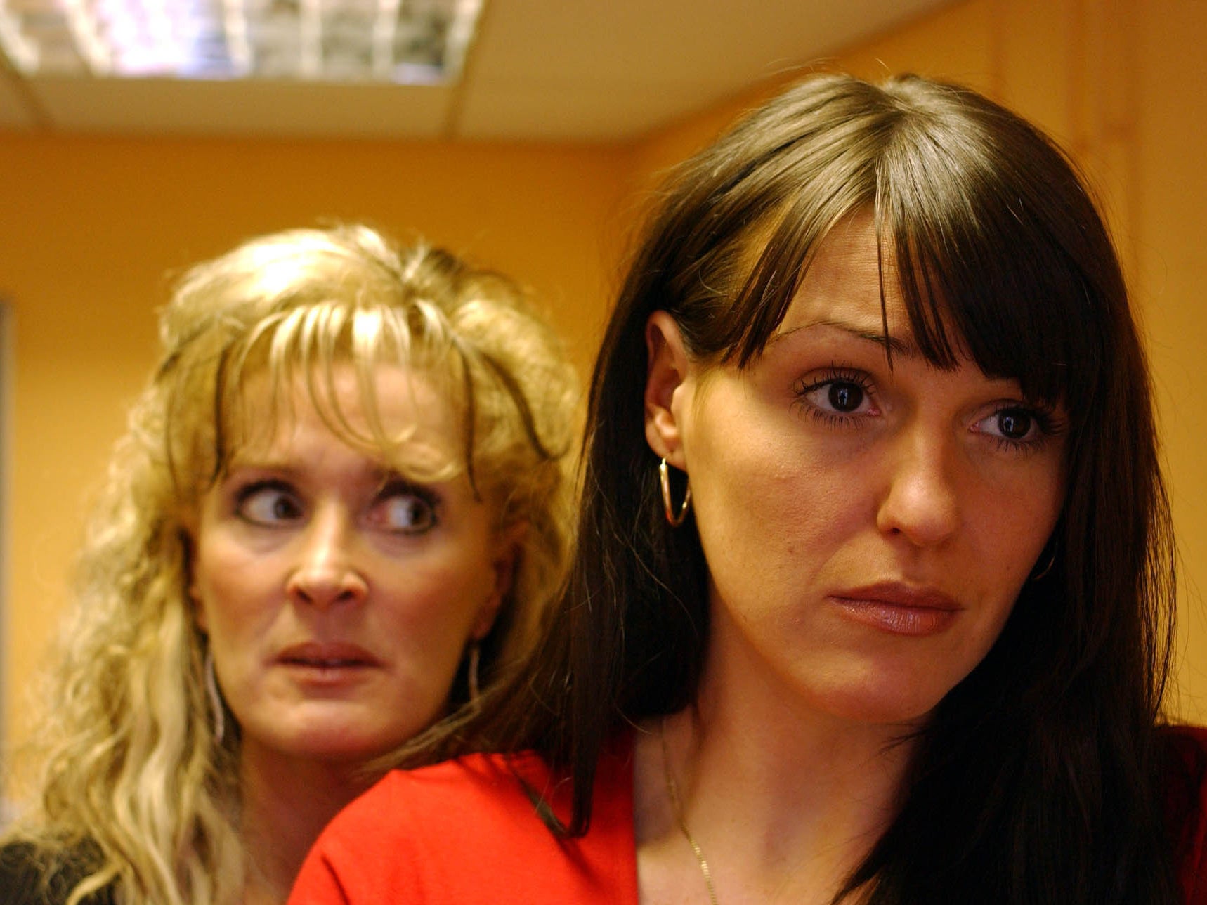 Jones as Karen McDonald (right) in ‘Coronation Street’ with Beverley Callard as Liz McDonald (Rex )