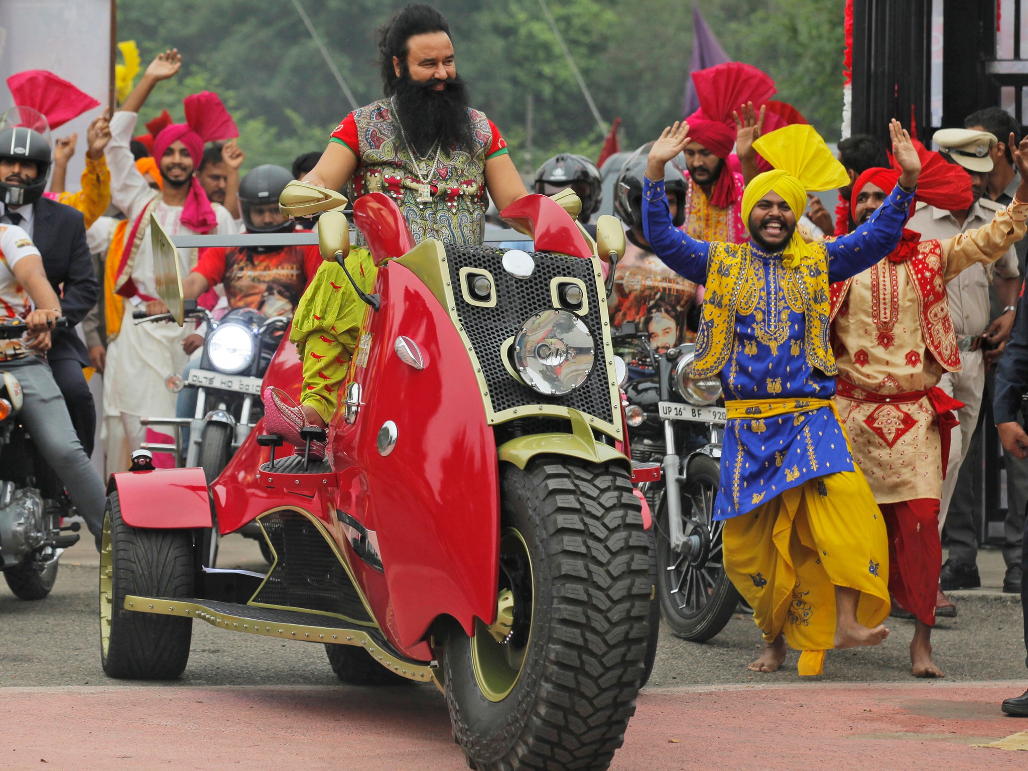 Dr Gurmeet Ram Rahim Singh Ji Insan, arrives at a 2016 press conference for his film 'MSG, The Warrior Lion Heart'. He is now on trial for rape