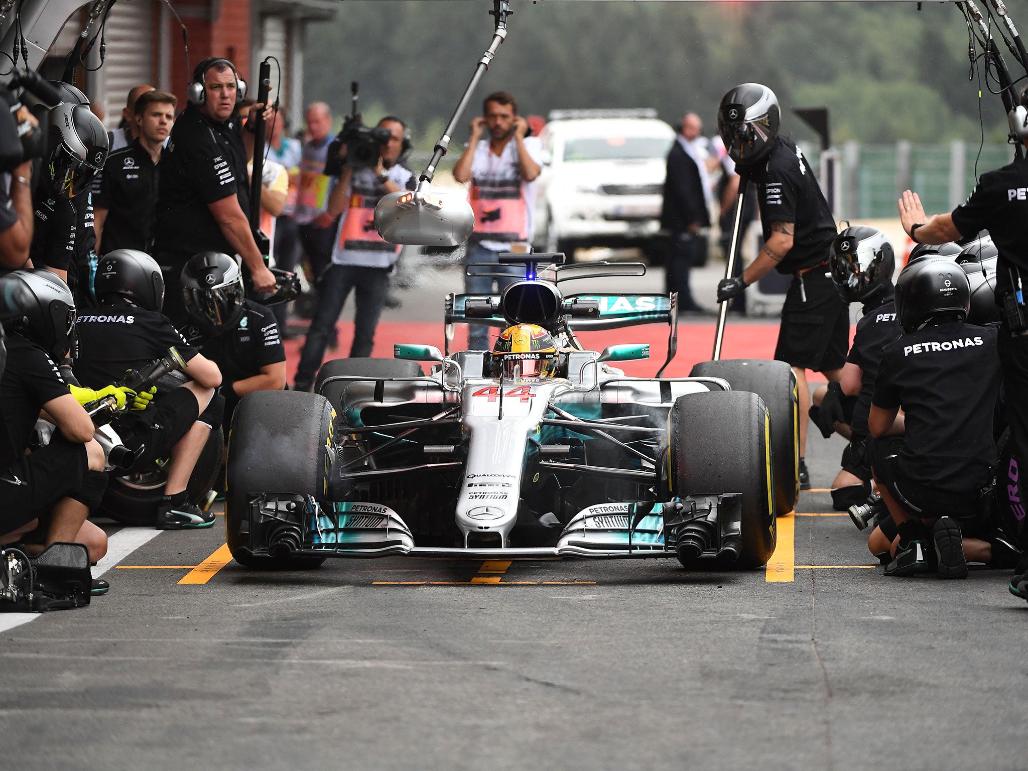 Lewis Hamilton prepares to leave the pits for the second practice