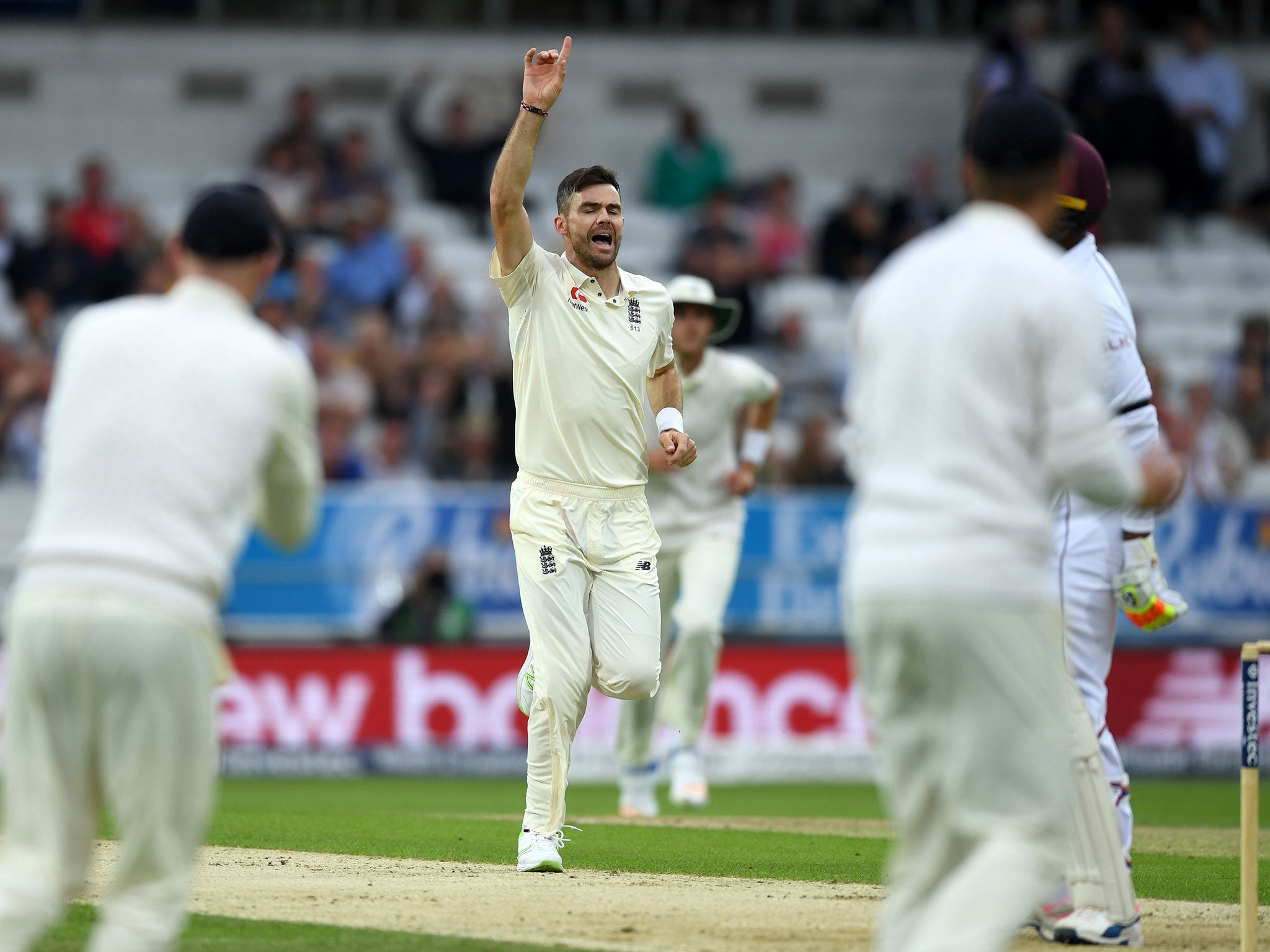 James Anderson of England celebrates dismissing Kieron Powell