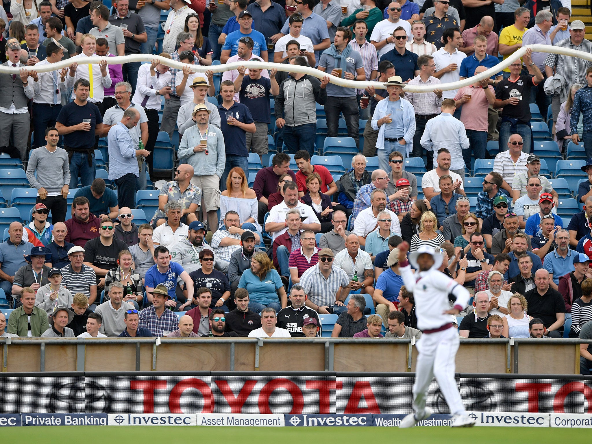 The Western Terrace beer snake takes shape on the first day of the second Test