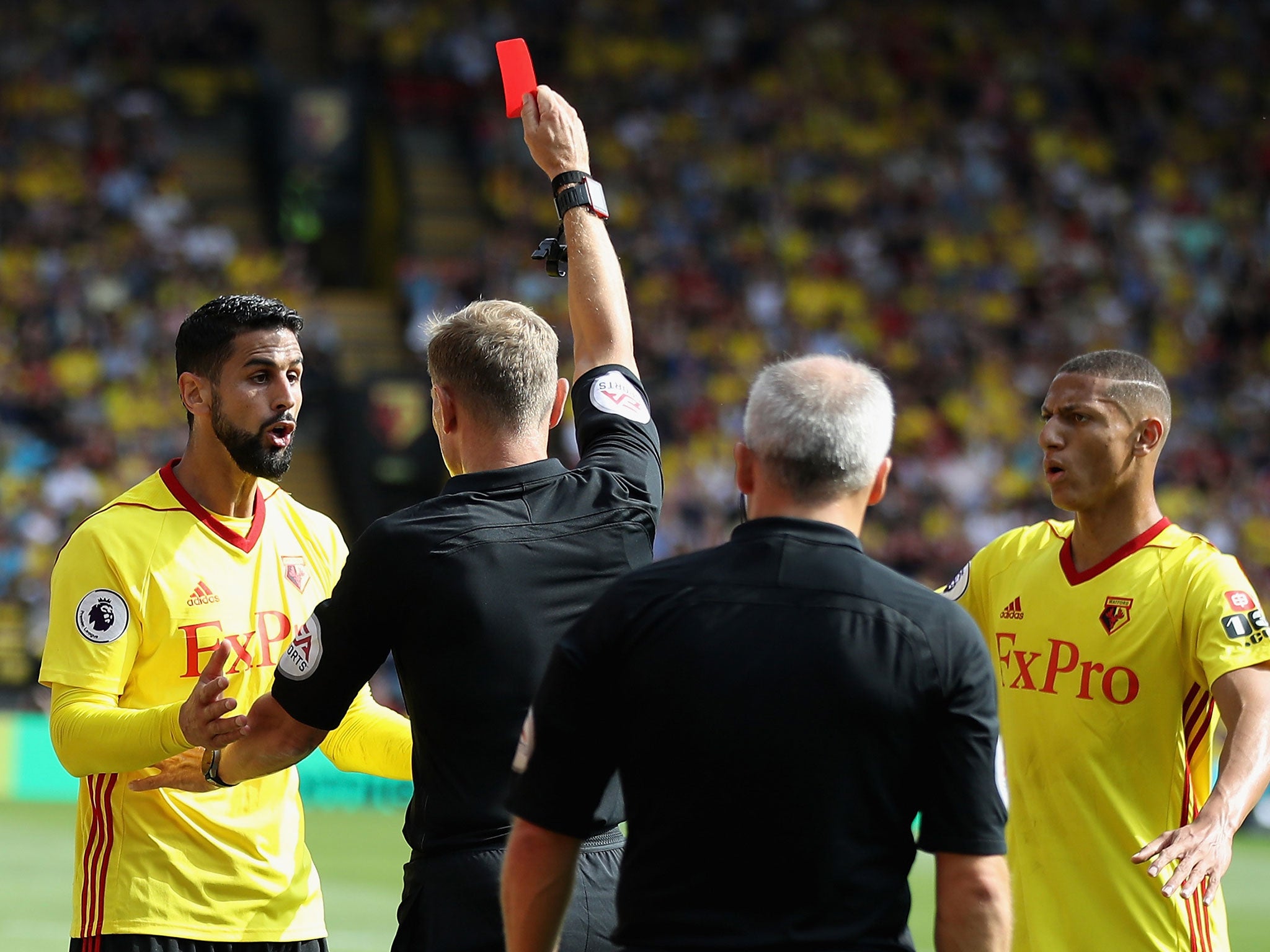 Miguel Britos is shown a straight red for his challenge on Anthony Knockaert