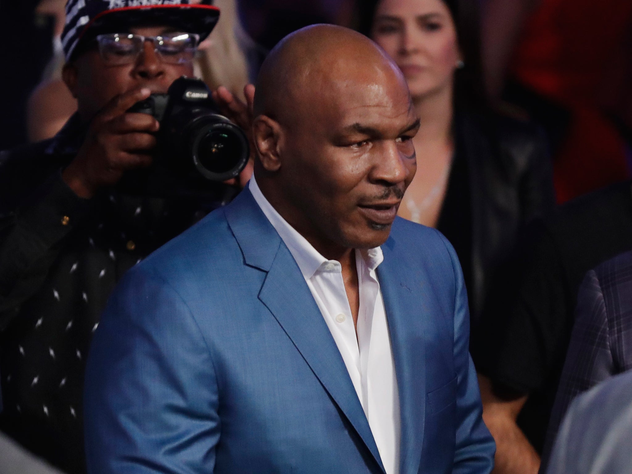 Mike Tyson watches on from ringside at Mauweather vs McGregor