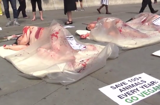 The women lay down on trays to pose as 'human meat'