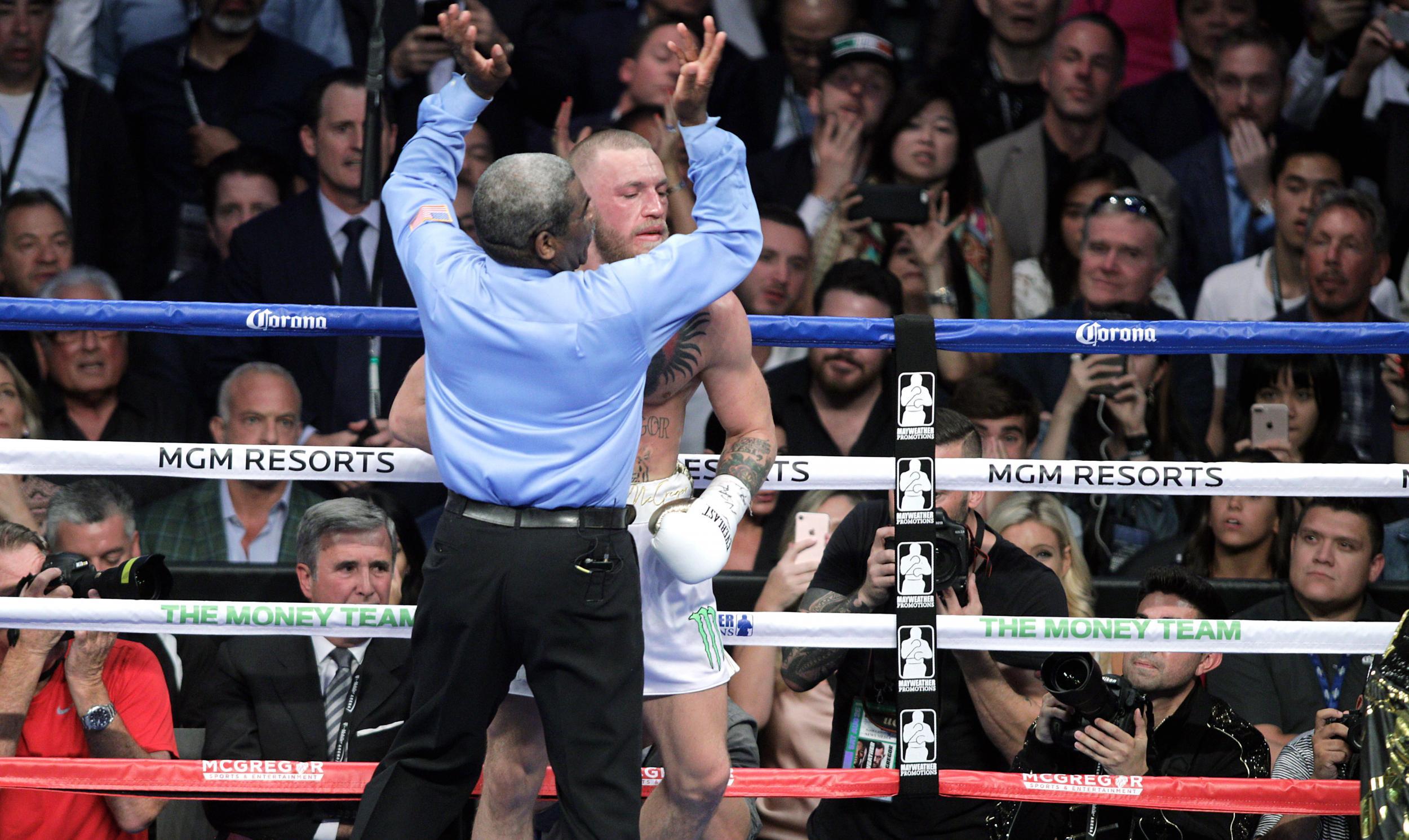 The fight was stopped in the 10th round, with Mayweather declared the winner