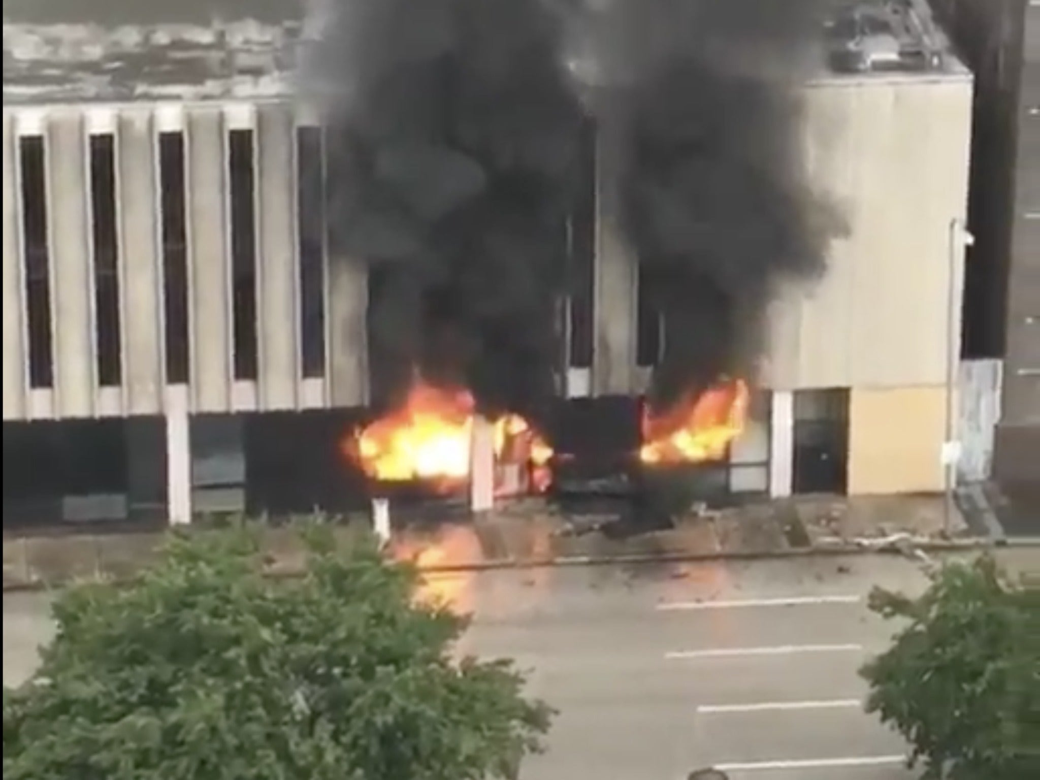 An image of a burning building in downtown Houston, shared on Twitter on August 28, 2017