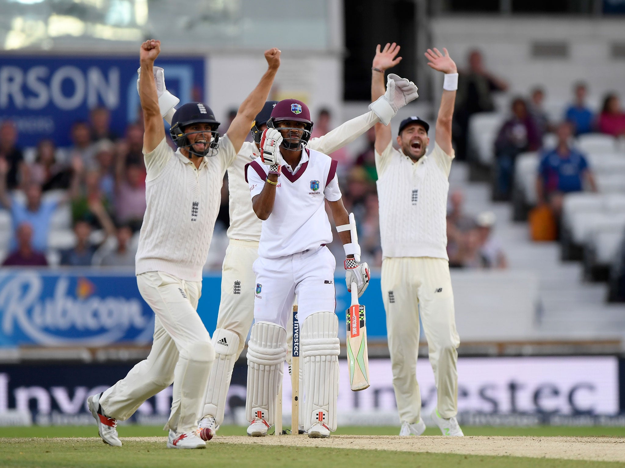 West Indies batsman Kraigg Brathwaite survives a confiedent appeal by the England fielders