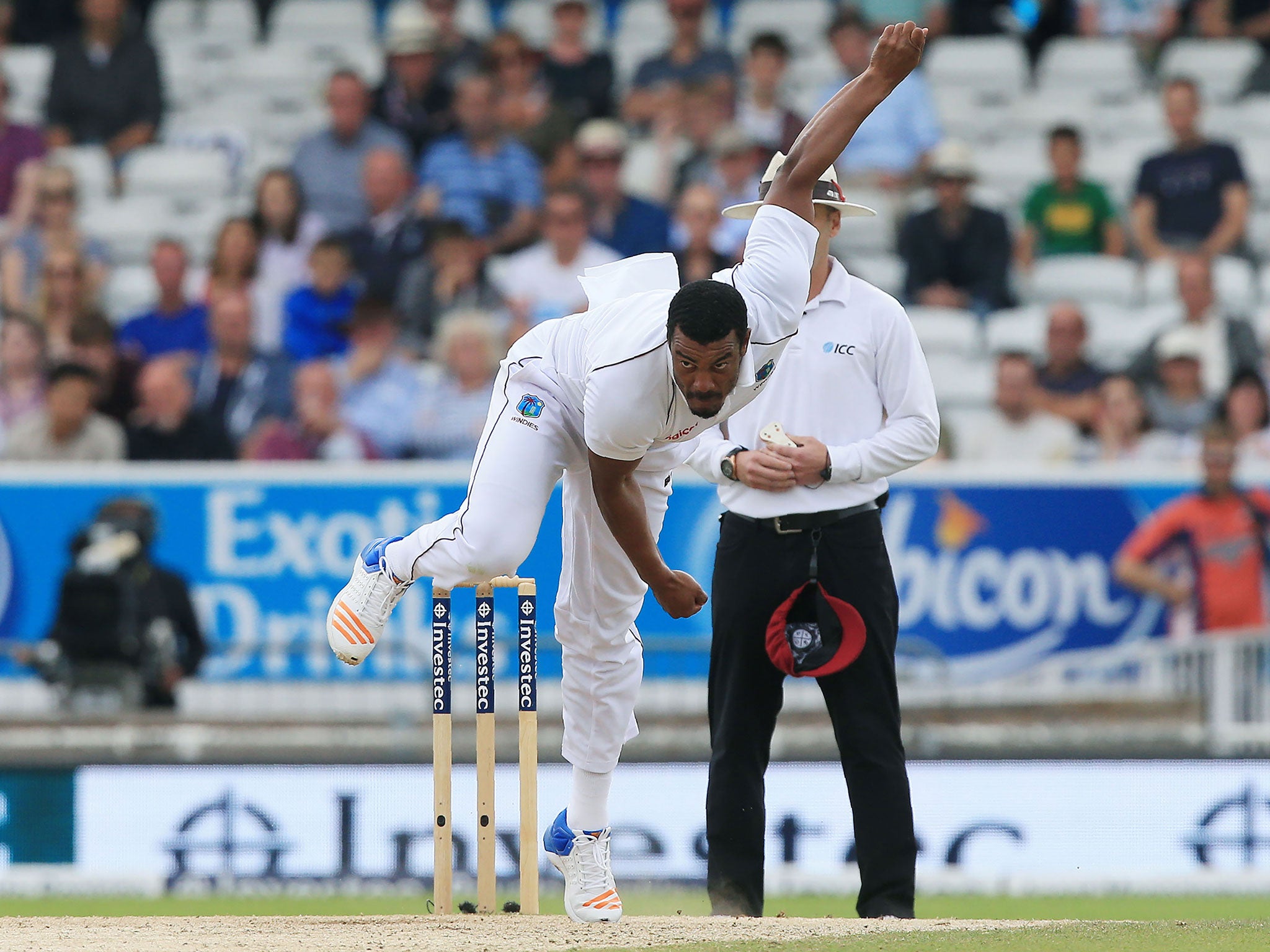 Shannon Gabriel bowls on the fourth day of the second Test