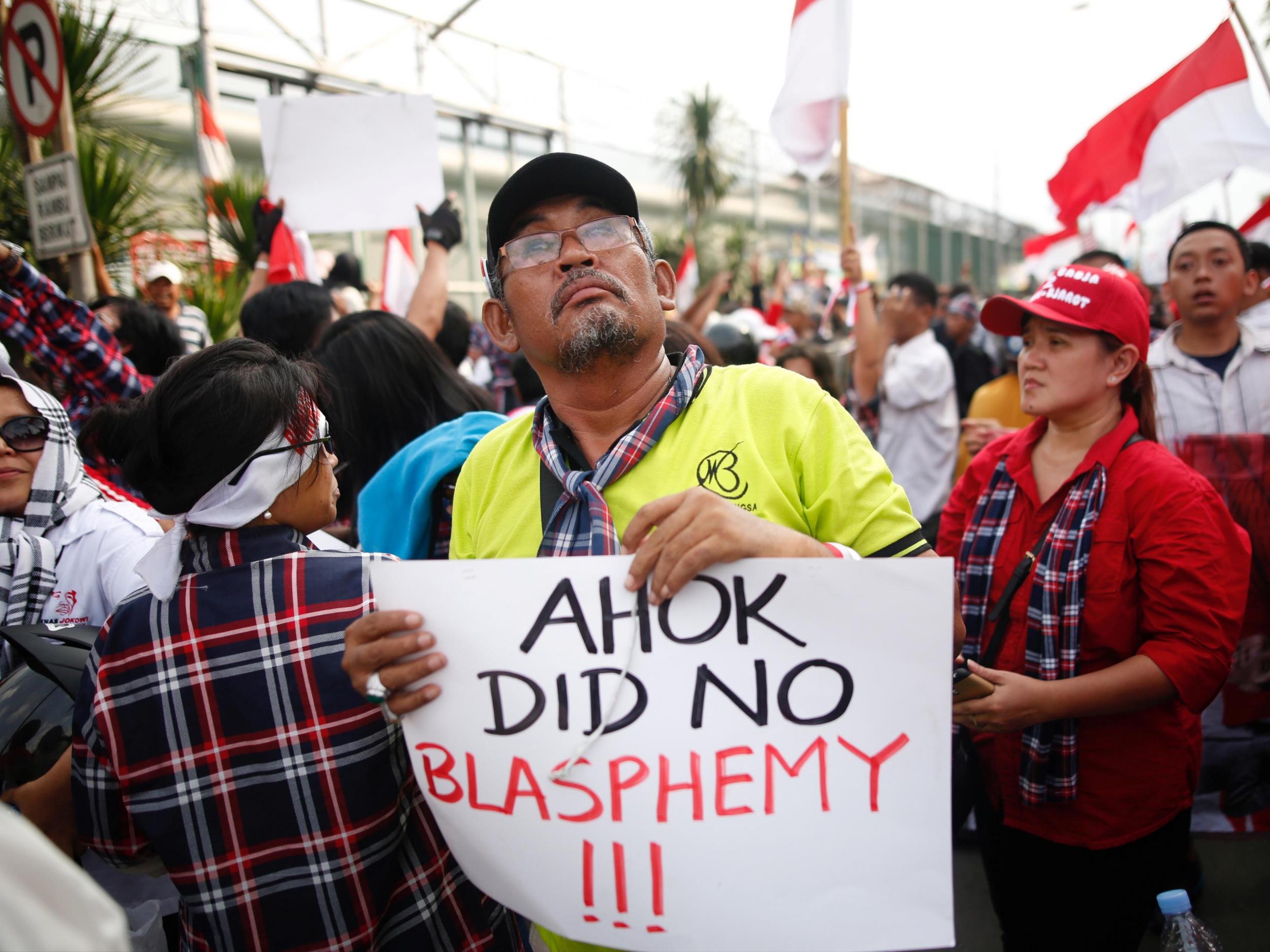 Supporters of Jakarta Governor Basuki Tjahaja Purnama, also known as Ahok, stage a protest in Indonesia after his conviction for blasphemy on 9 May 2017